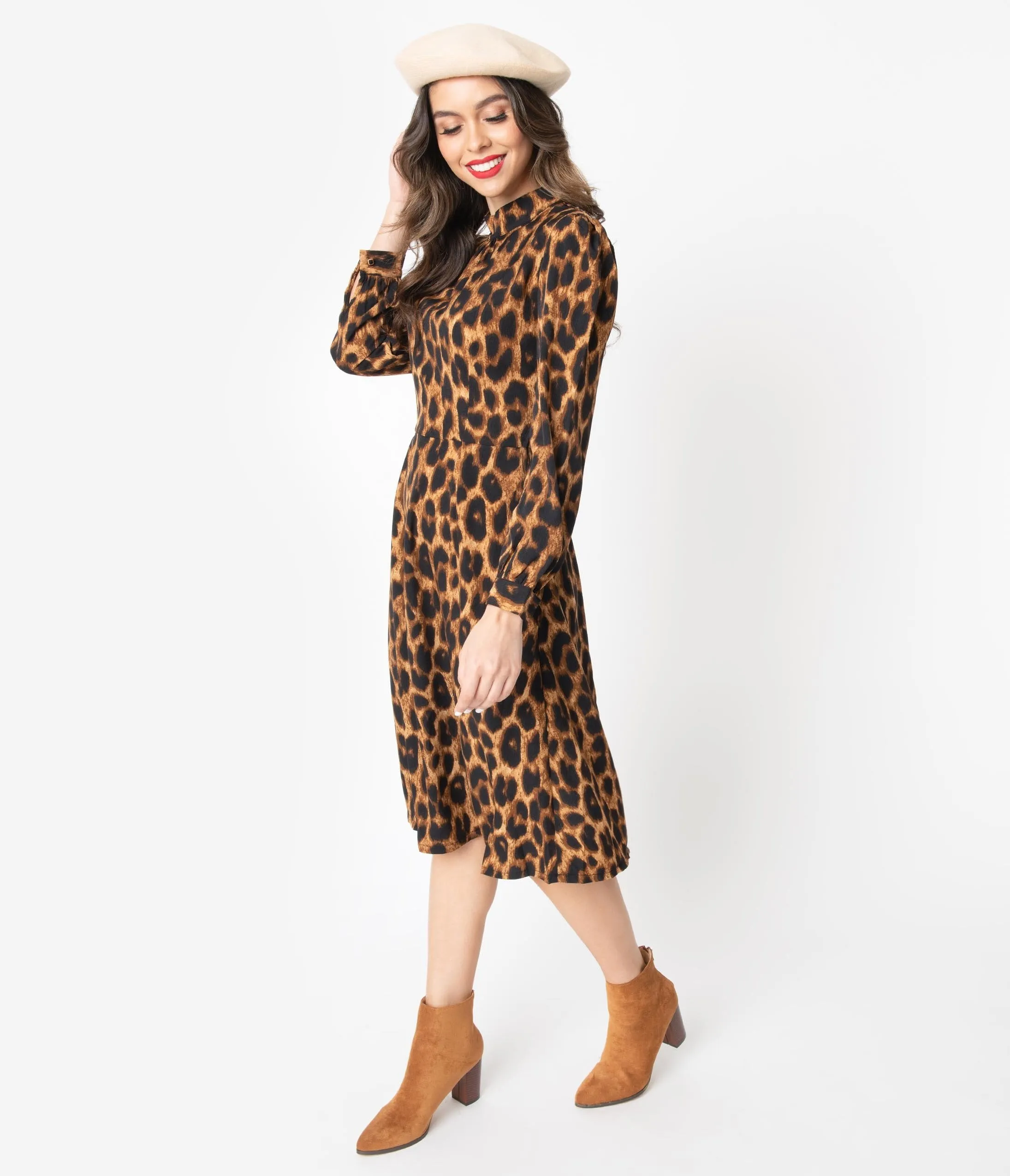 1970s Style Leopard Print Long Sleeve Swing Dress