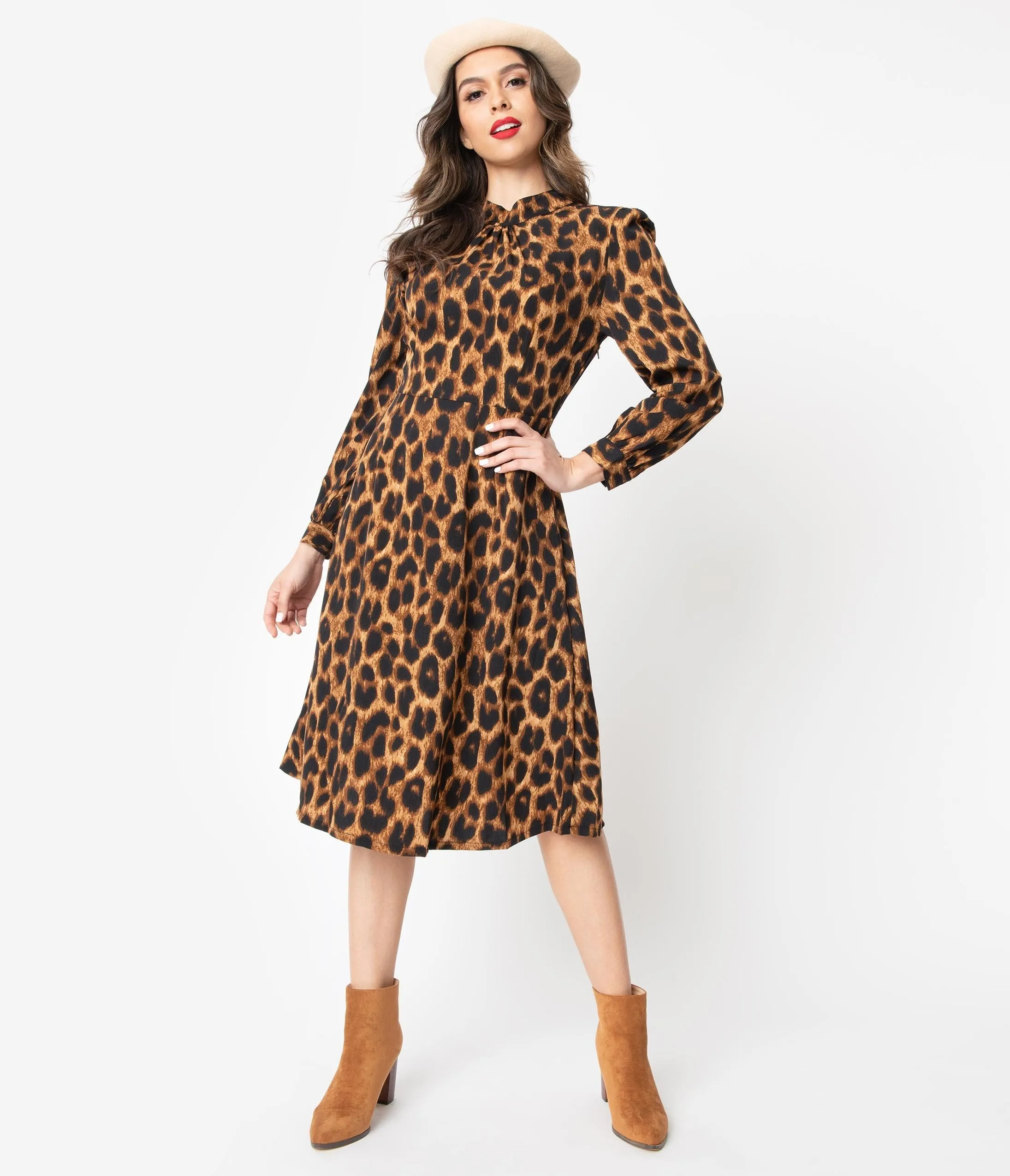 1970s Style Leopard Print Long Sleeve Swing Dress