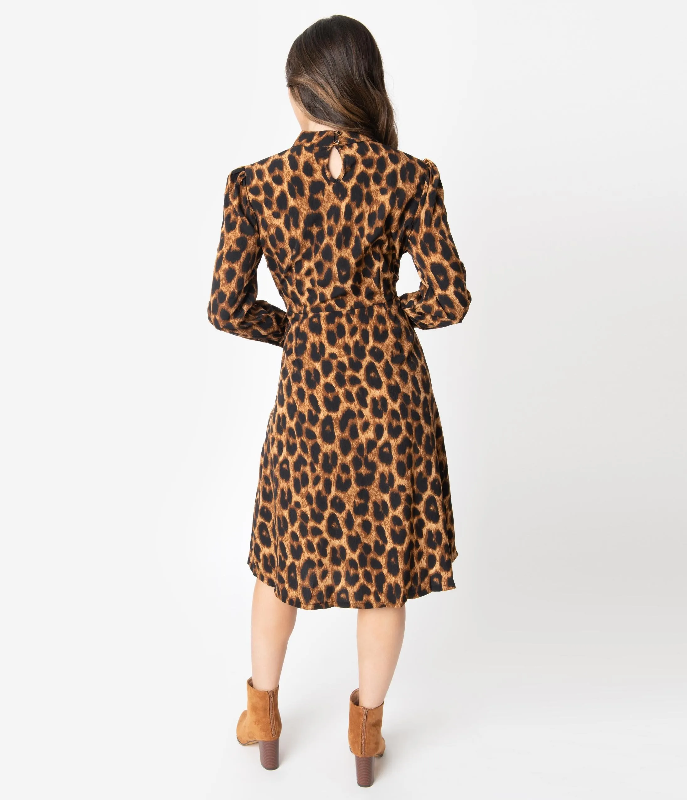 1970s Style Leopard Print Long Sleeve Swing Dress