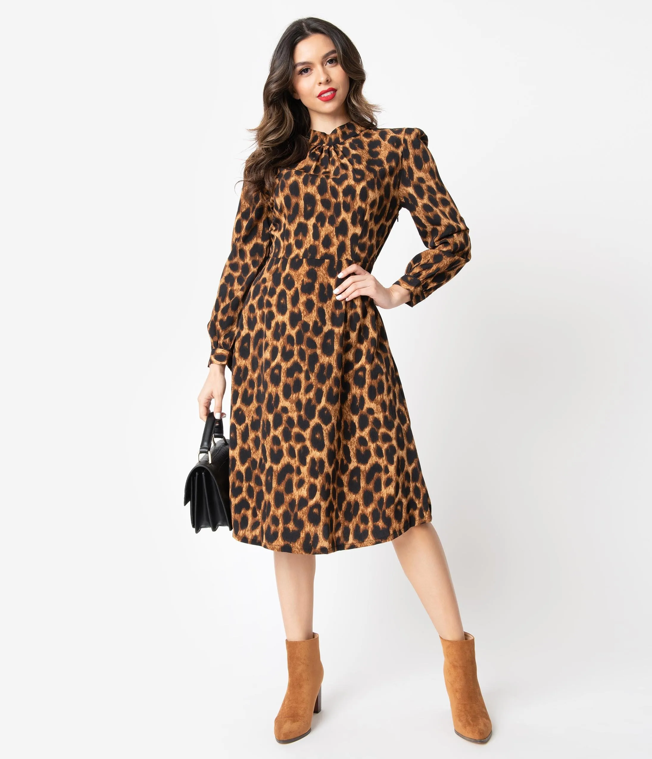 1970s Style Leopard Print Long Sleeve Swing Dress