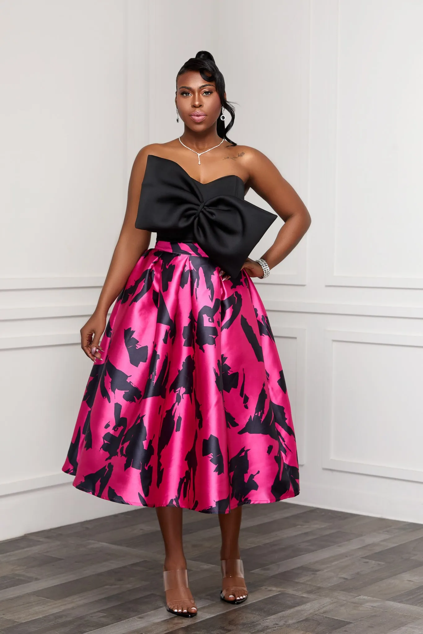 ABSTRACT PRINT HIGH WAIST FLARED MIDI SKIRT (FUCHSIA MULTI)