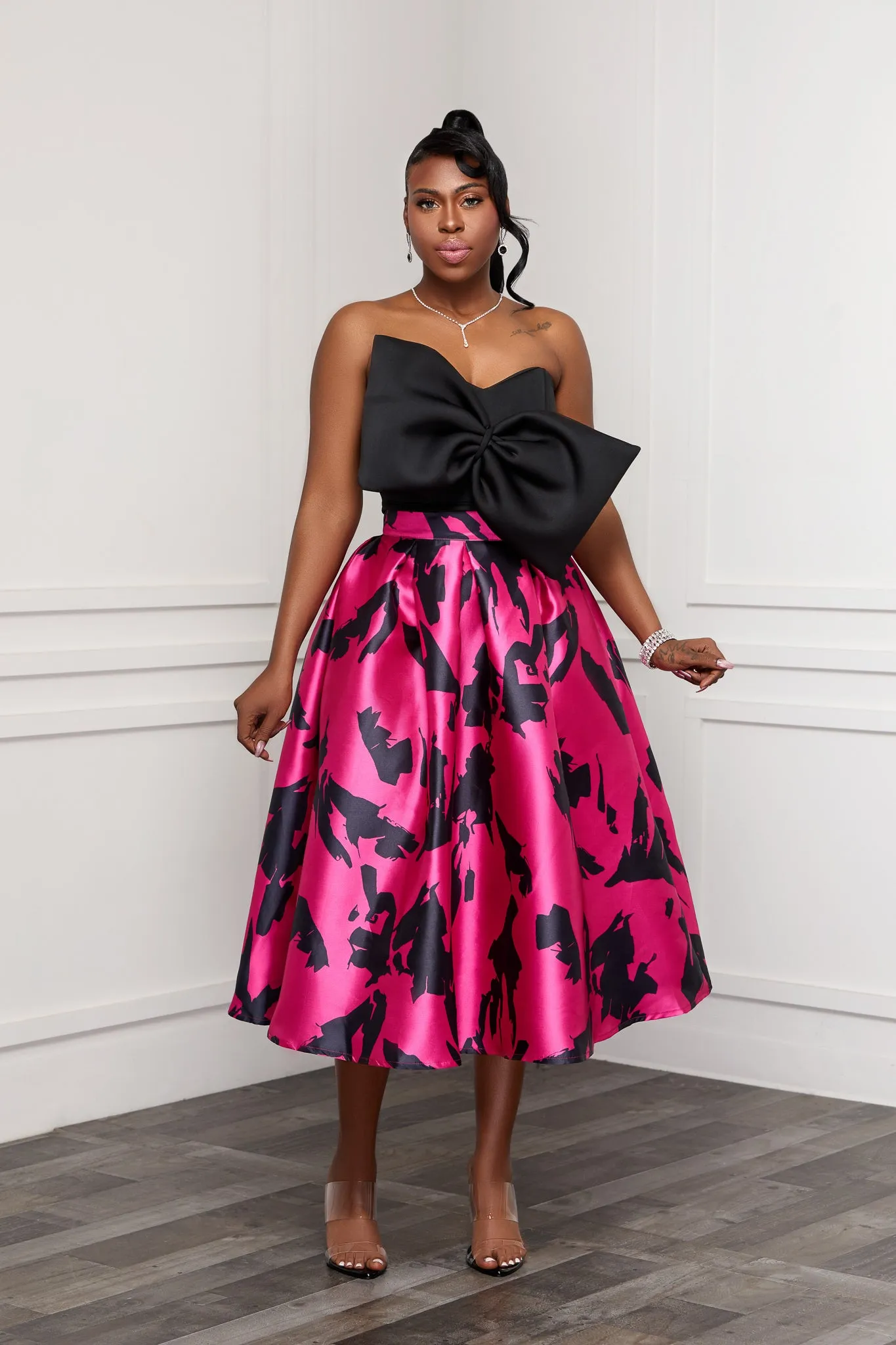 ABSTRACT PRINT HIGH WAIST FLARED MIDI SKIRT (FUCHSIA MULTI)