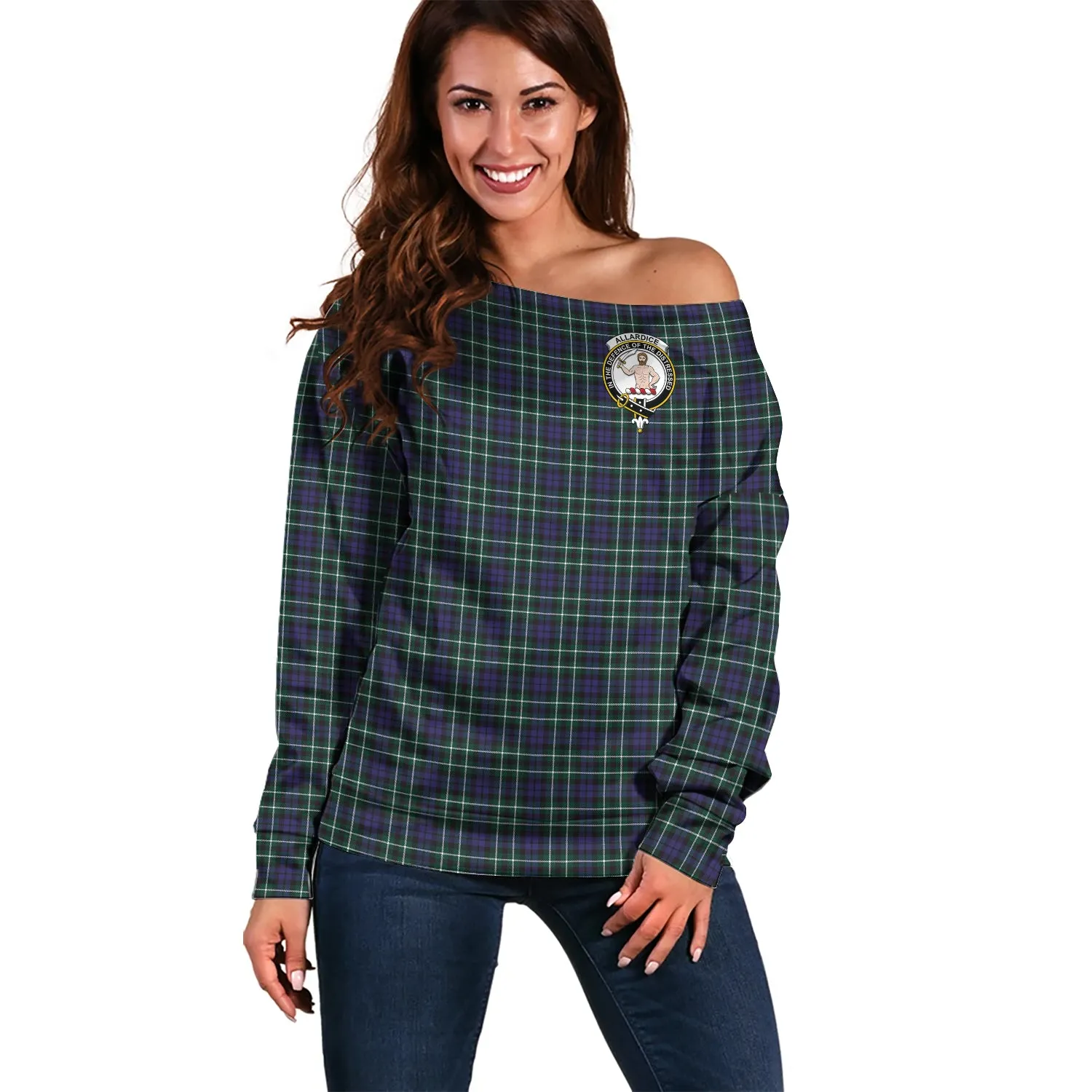 Allardice Tartan Off Shoulder Women Sweater with Family Crest