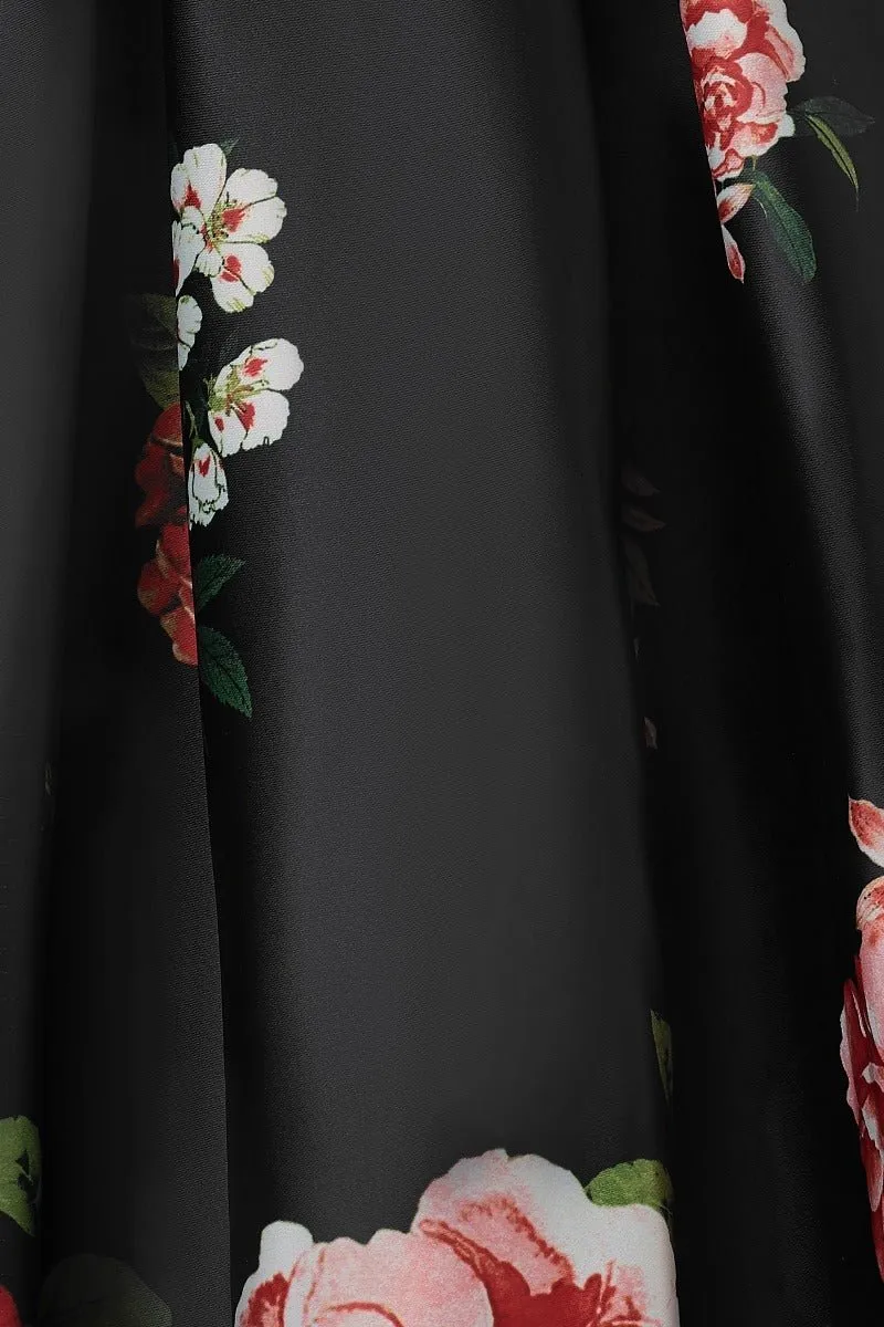 Annie Floral Roses Satin Flared Dress in Black-Pink