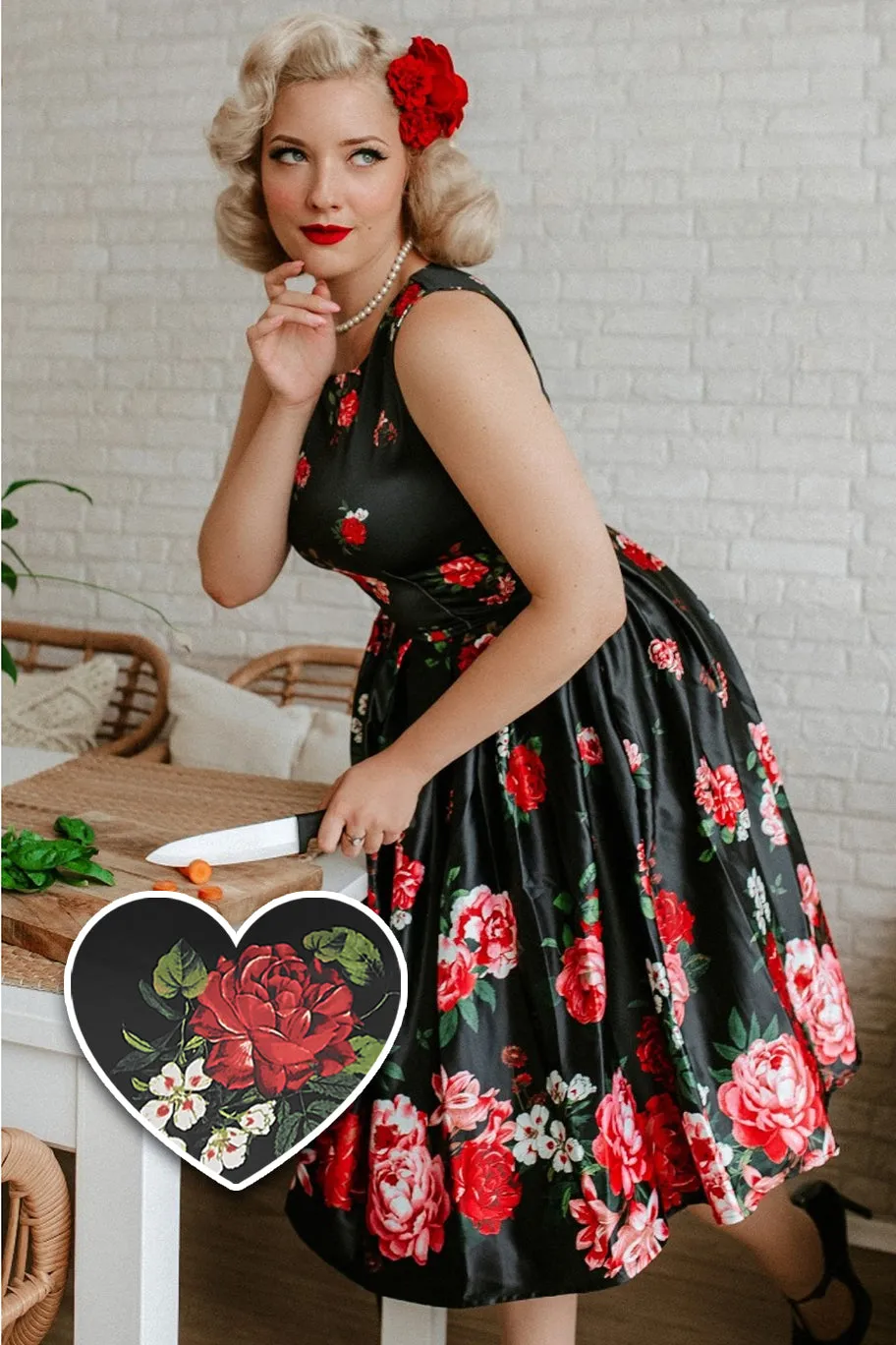 Annie Floral Roses Satin Flared Dress in Black-Pink