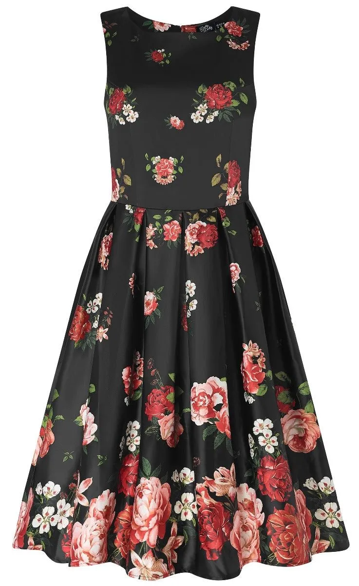 Annie Floral Roses Satin Flared Dress in Black-Pink