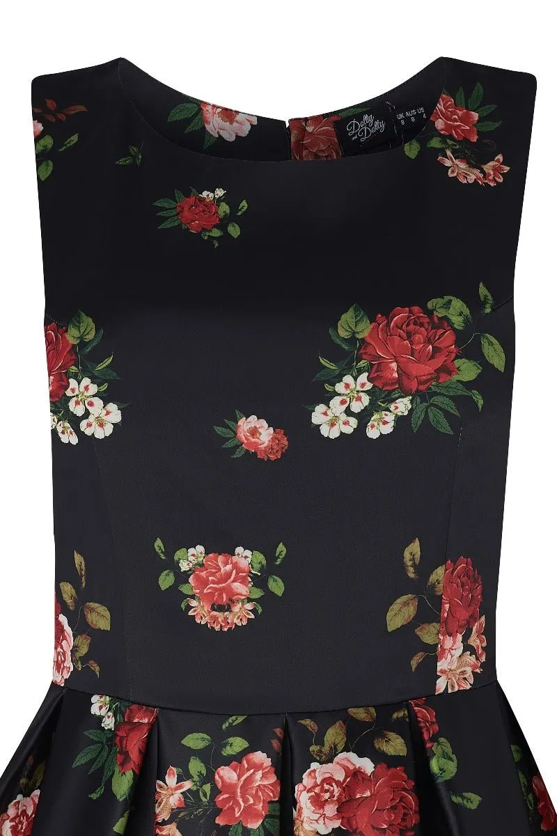 Annie Floral Roses Satin Flared Dress in Black-Pink