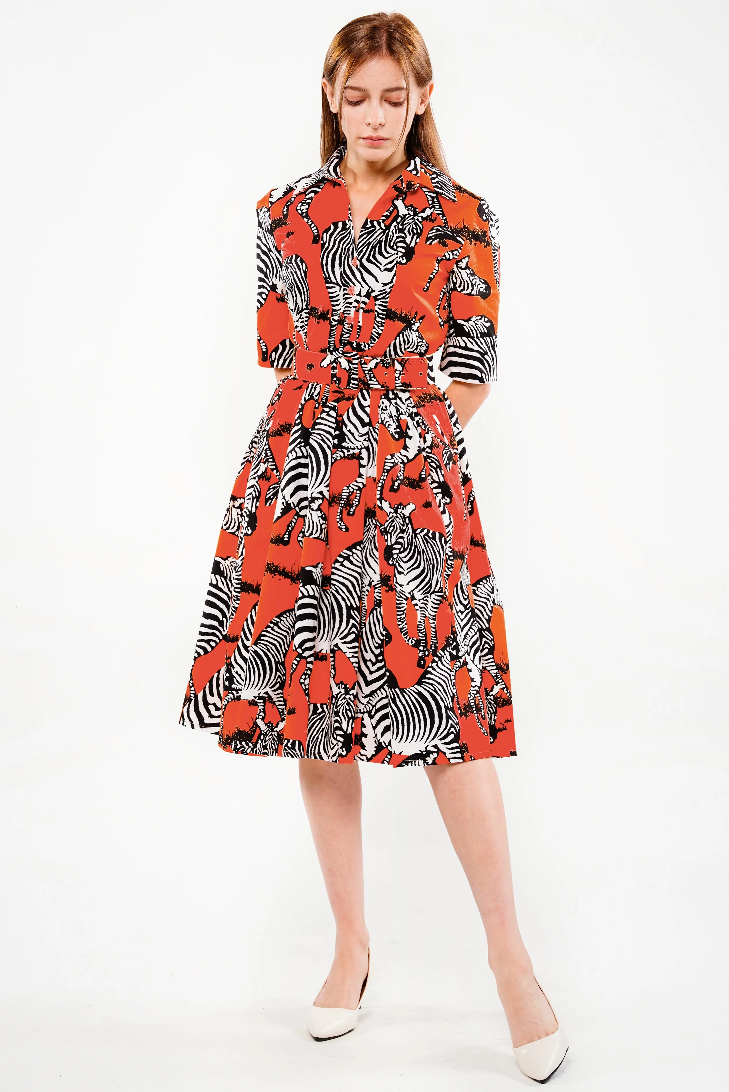 Audrey Dress #1 Shirt Collar 1/2 Sleeve Long Length Cotton Stretch (Bloomsberry Zebra Small)