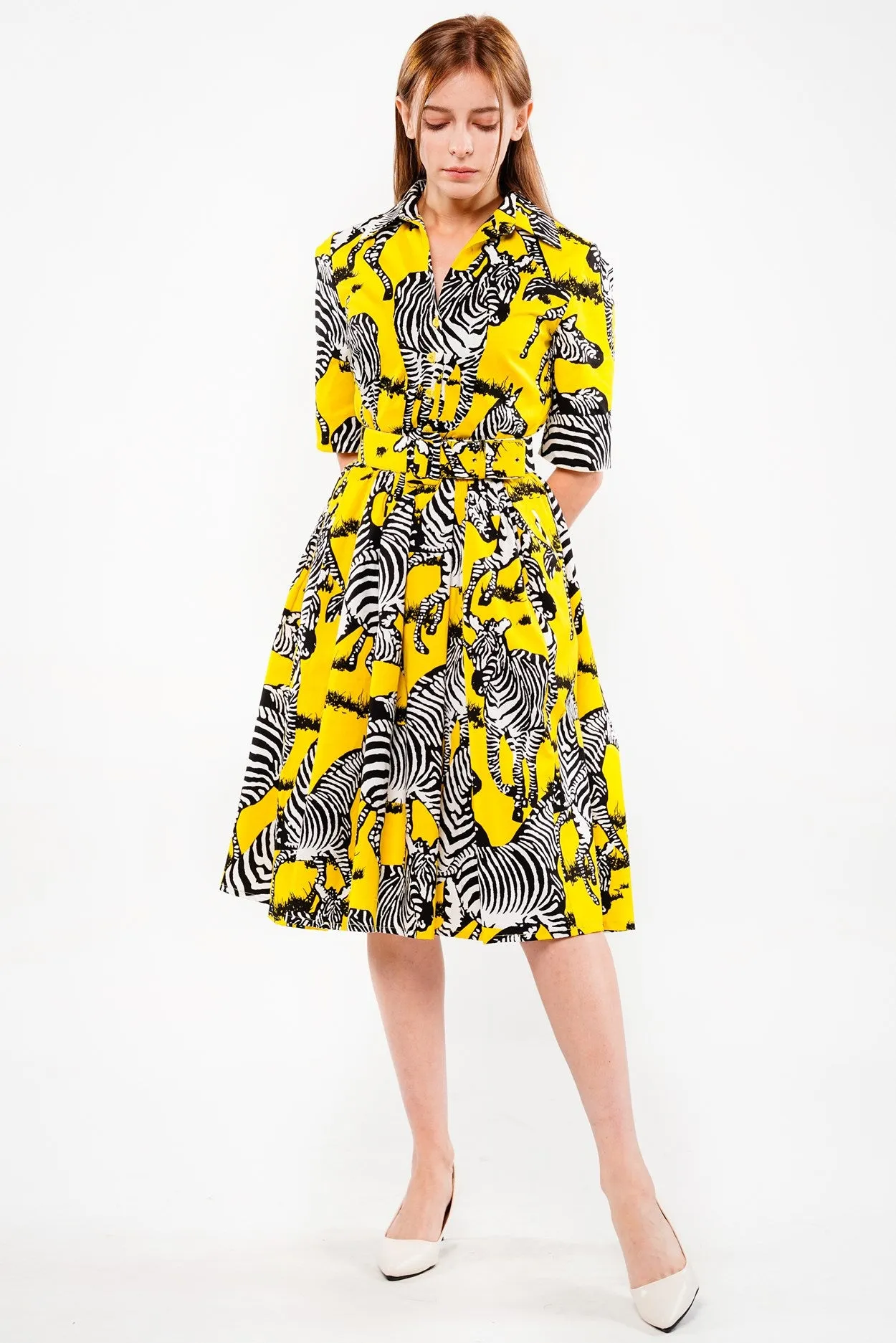 Audrey Dress #1 Shirt Collar 1/2 Sleeve Long Length Cotton Stretch (Bloomsberry Zebra Small)