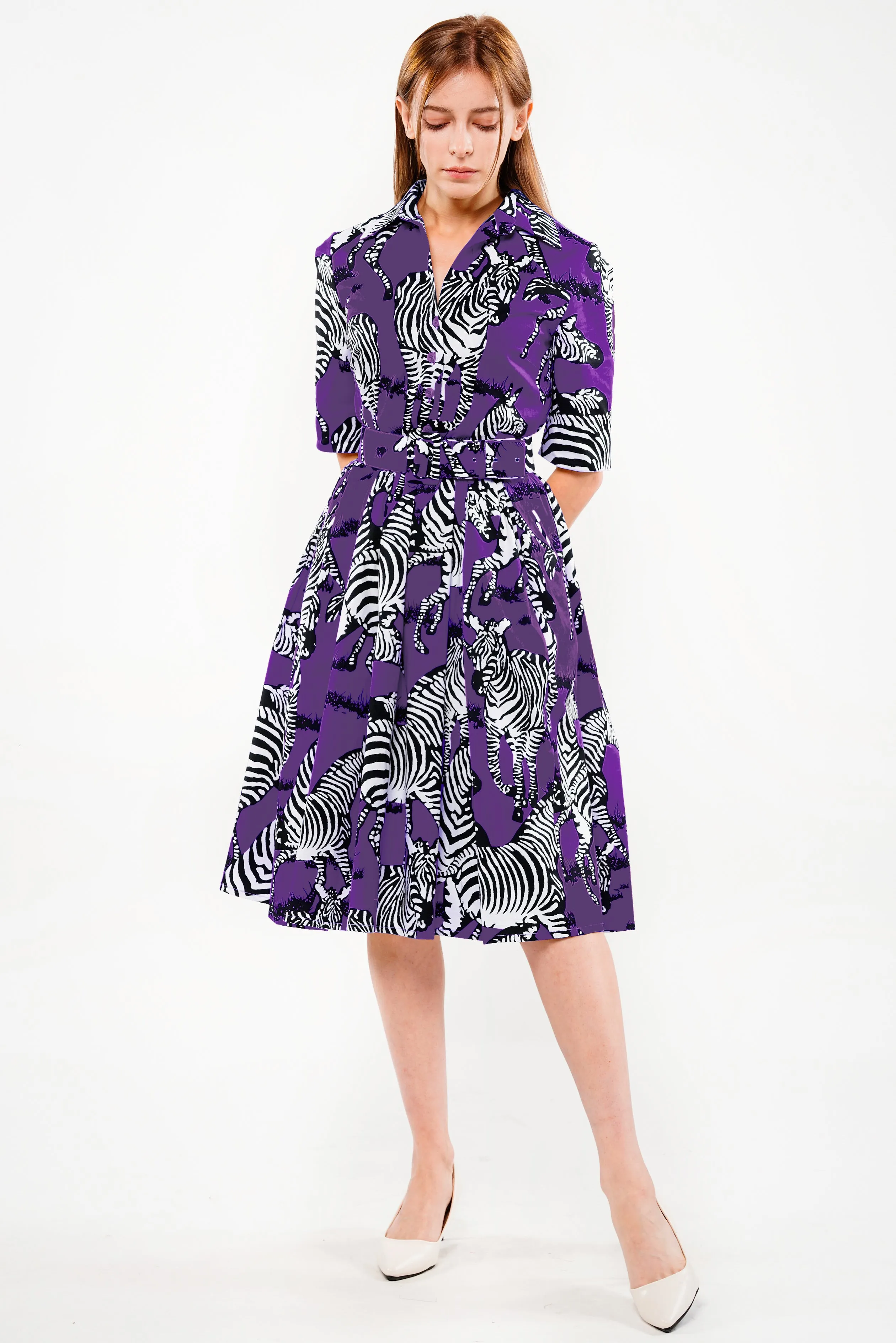 Audrey Dress #1 Shirt Collar 1/2 Sleeve Long Length Cotton Stretch (Bloomsberry Zebra Small)