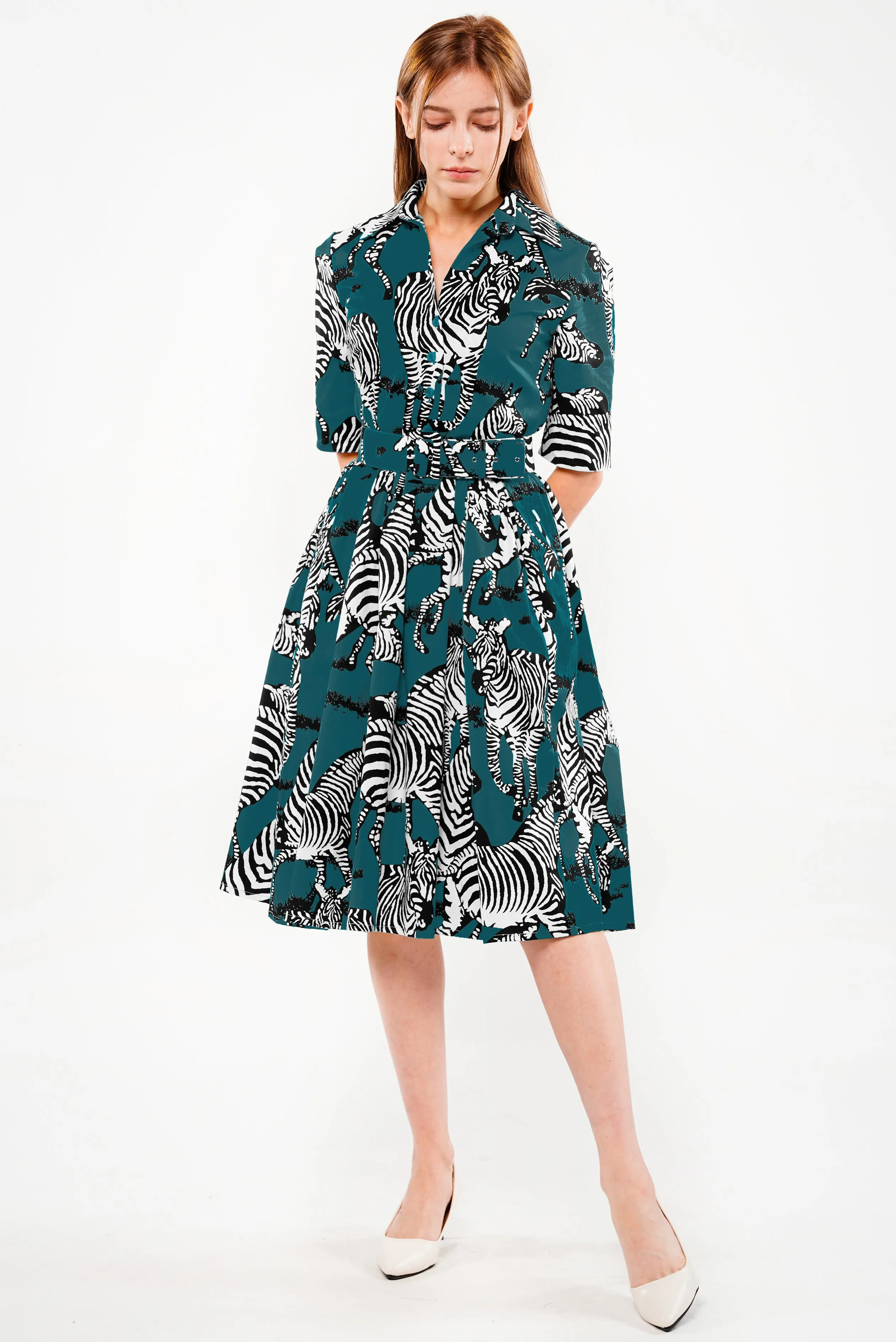 Audrey Dress #1 Shirt Collar 1/2 Sleeve Long Length Cotton Stretch (Bloomsberry Zebra Small)