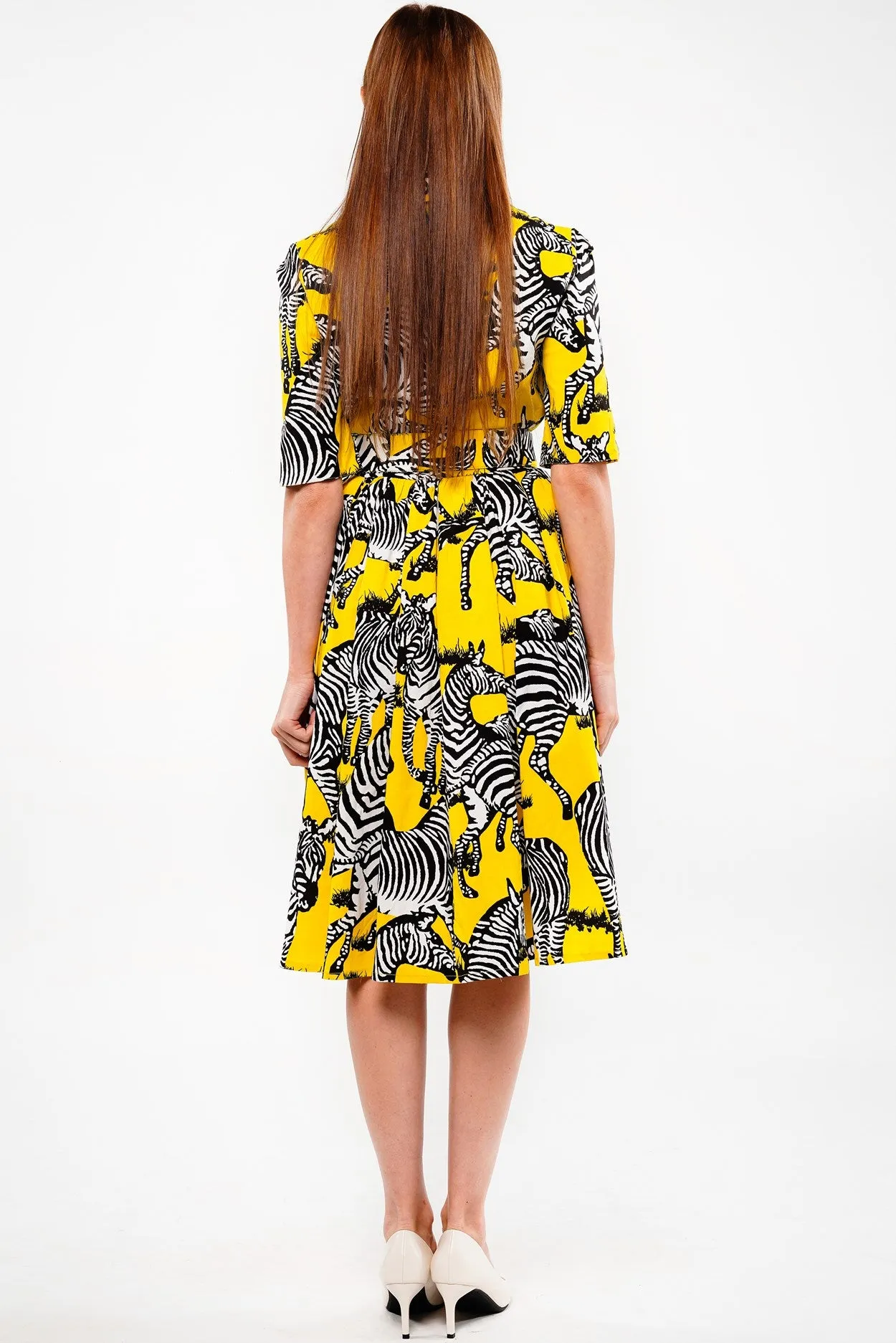 Audrey Dress #1 Shirt Collar 1/2 Sleeve Long Length Cotton Stretch (Bloomsberry Zebra Small)