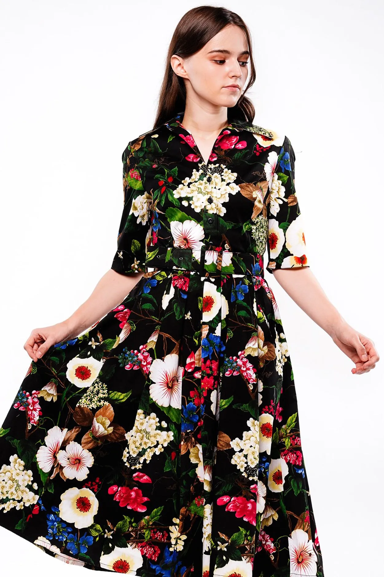 Audrey Dress #1 Shirt Collar 1/2 Sleeve Long Length Cotton Stretch (Florentine Flowers Small)