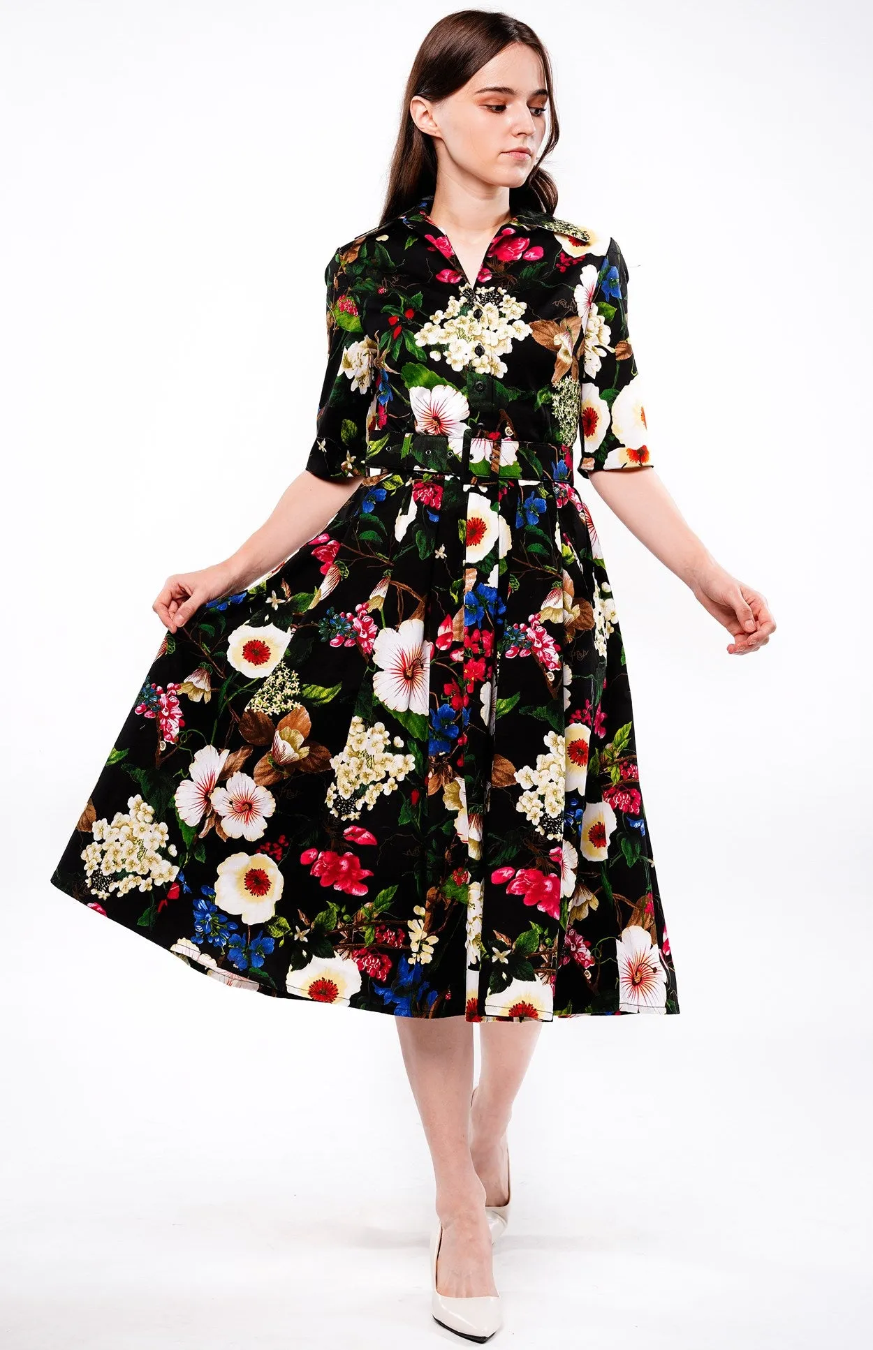 Audrey Dress #1 Shirt Collar 1/2 Sleeve Long Length Cotton Stretch (Florentine Flowers Small)