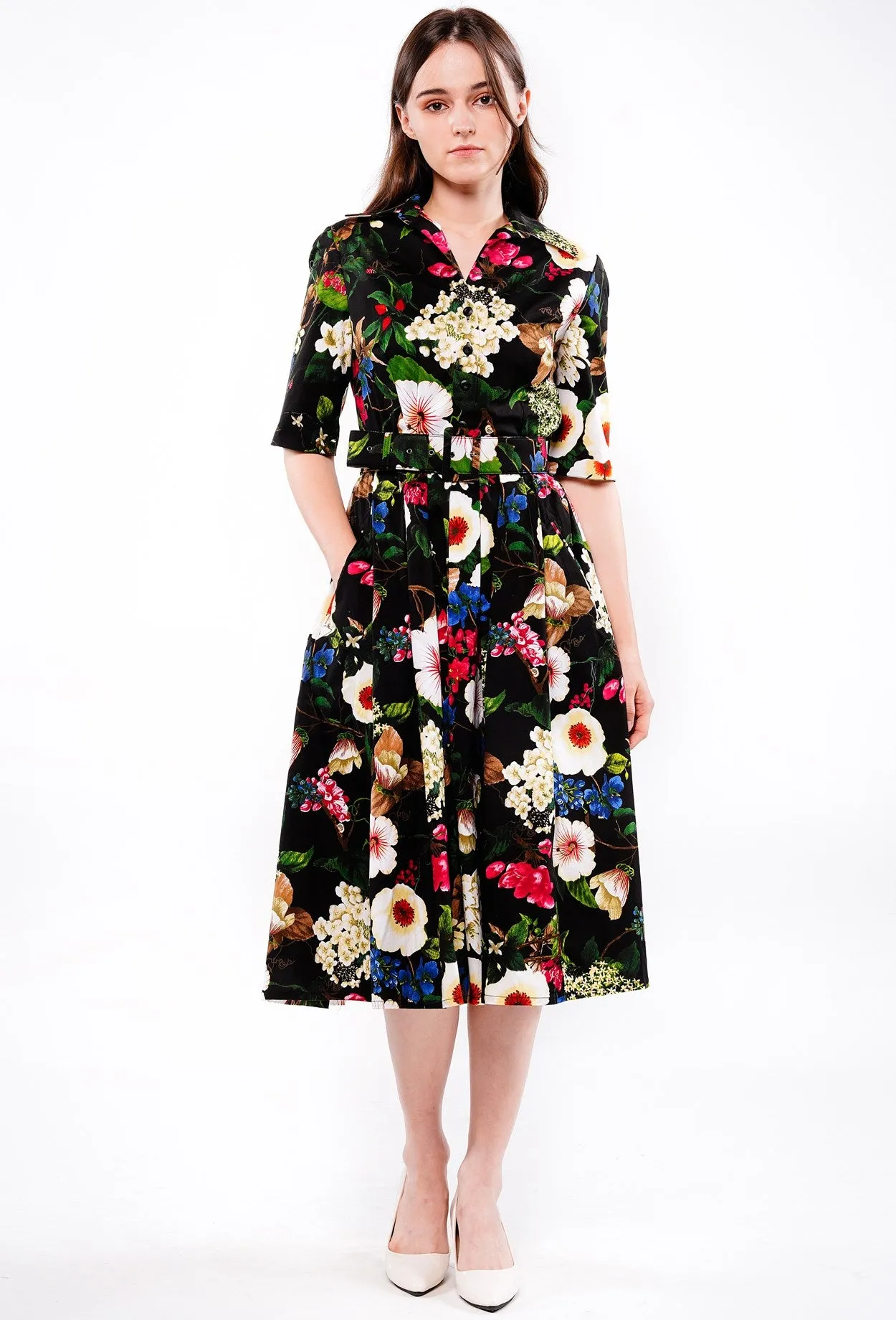 Audrey Dress #1 Shirt Collar 1/2 Sleeve Long Length Cotton Stretch (Florentine Flowers Small)