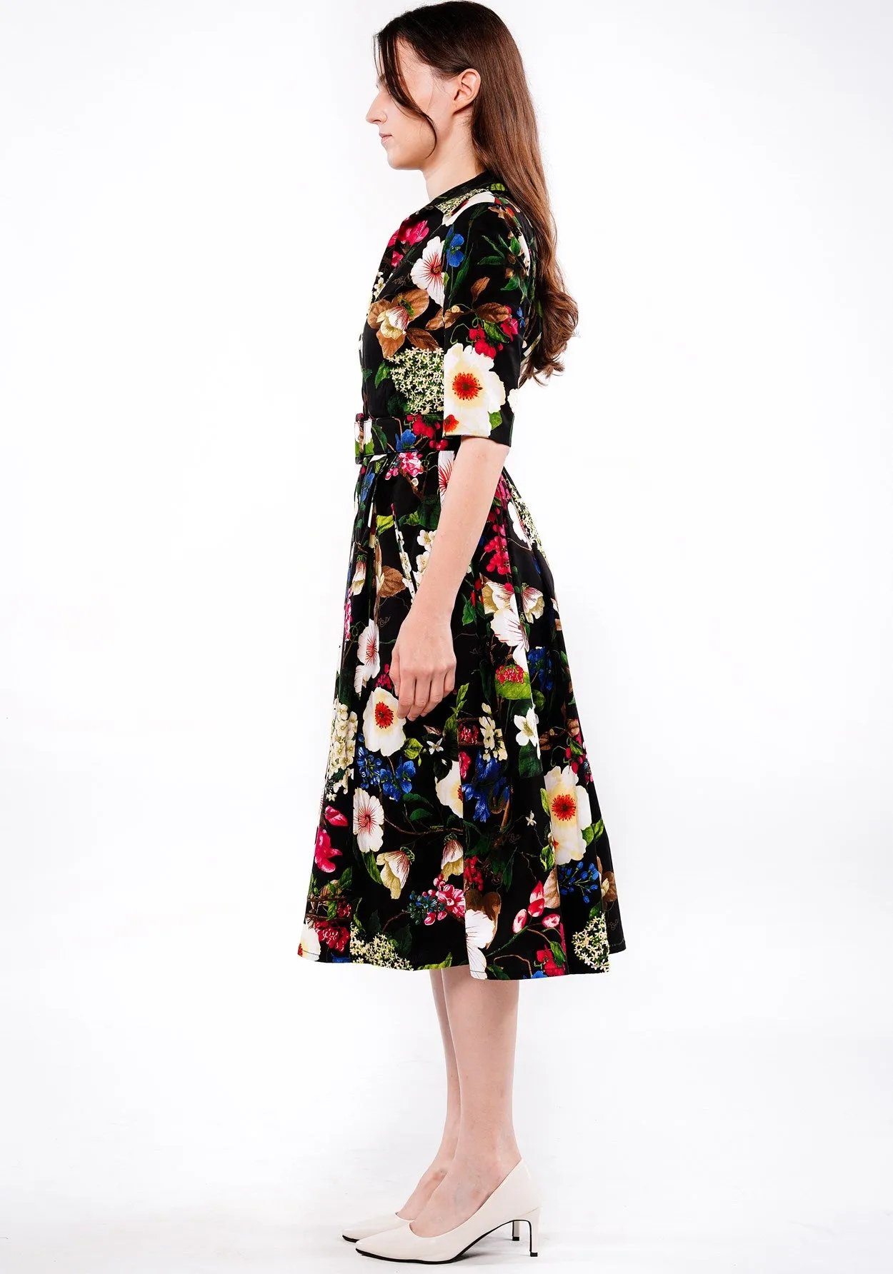 Audrey Dress #1 Shirt Collar 1/2 Sleeve Long Length Cotton Stretch (Florentine Flowers Small)