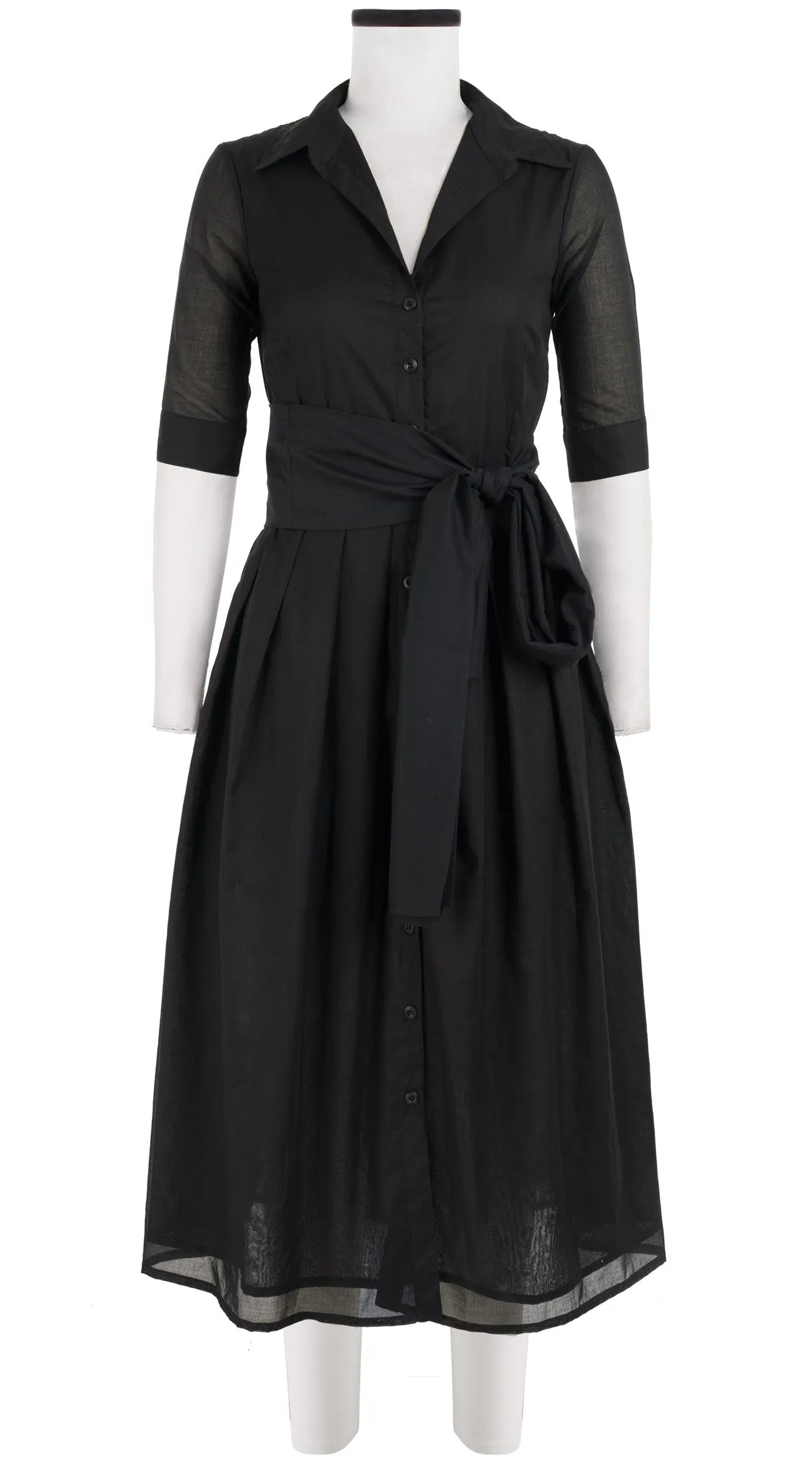 Audrey Dress #1 Shirt Collar 1/2 Sleeve Midi Length Cotton Musola_Solid_Black