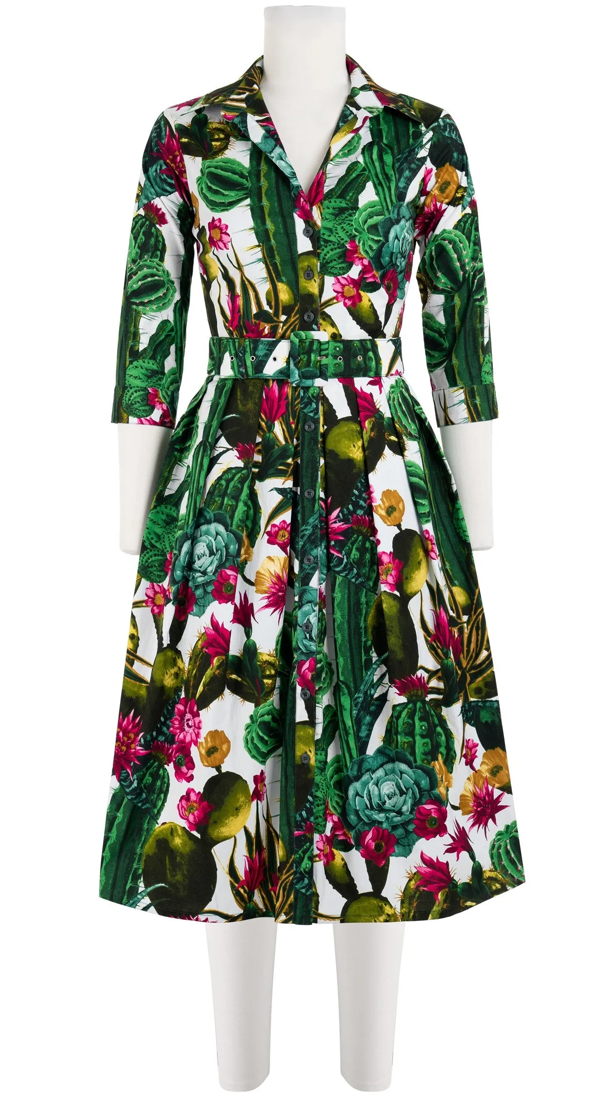 Audrey Dress #1 Shirt Collar 3/4 Sleeve Cotton Stretch (Tropical Cactus)