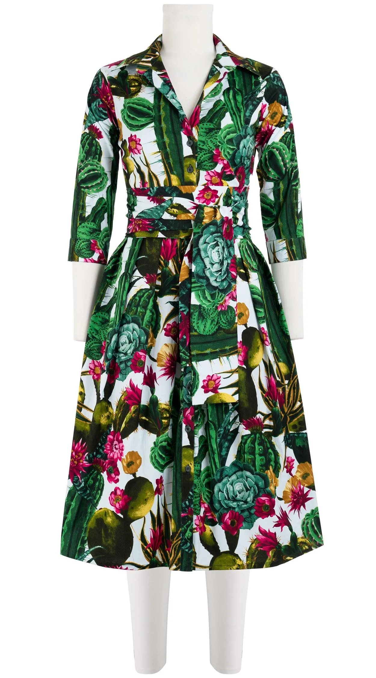 Audrey Dress #1 Shirt Collar 3/4 Sleeve Cotton Stretch (Tropical Cactus)