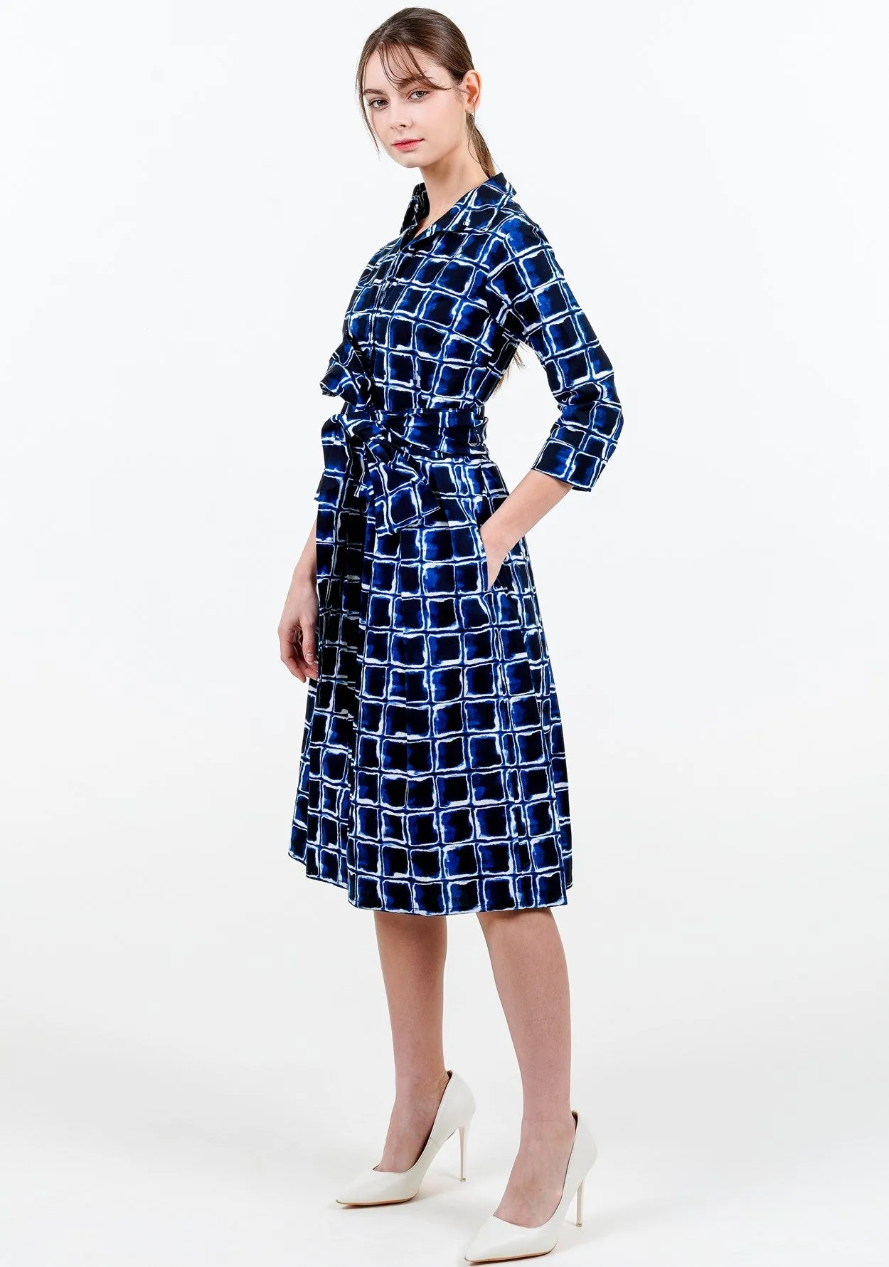 Audrey Dress #1 Shirt Collar 3/4 Sleeve Long Length Cotton Stretch (Shibori Square)