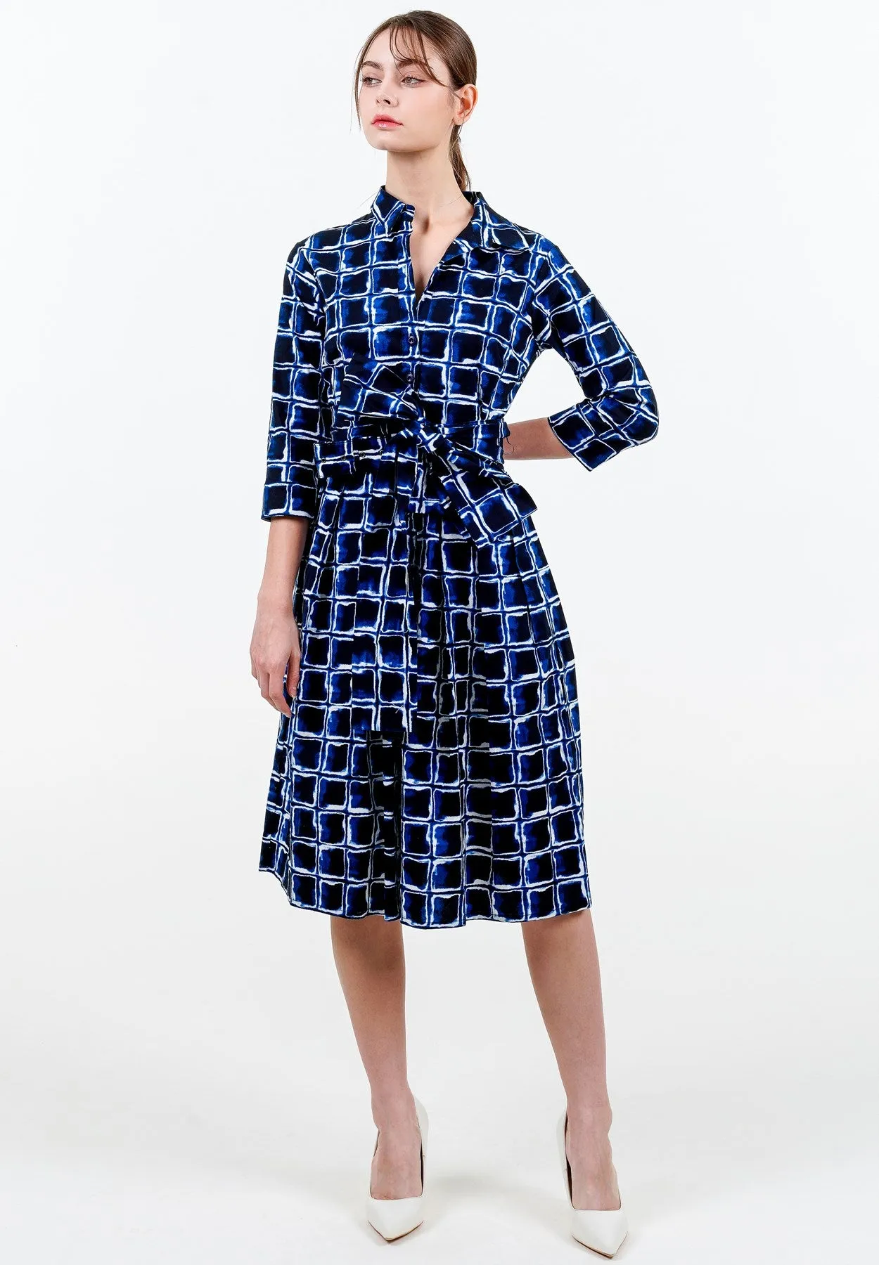 Audrey Dress #1 Shirt Collar 3/4 Sleeve Long Length Cotton Stretch (Shibori Square)