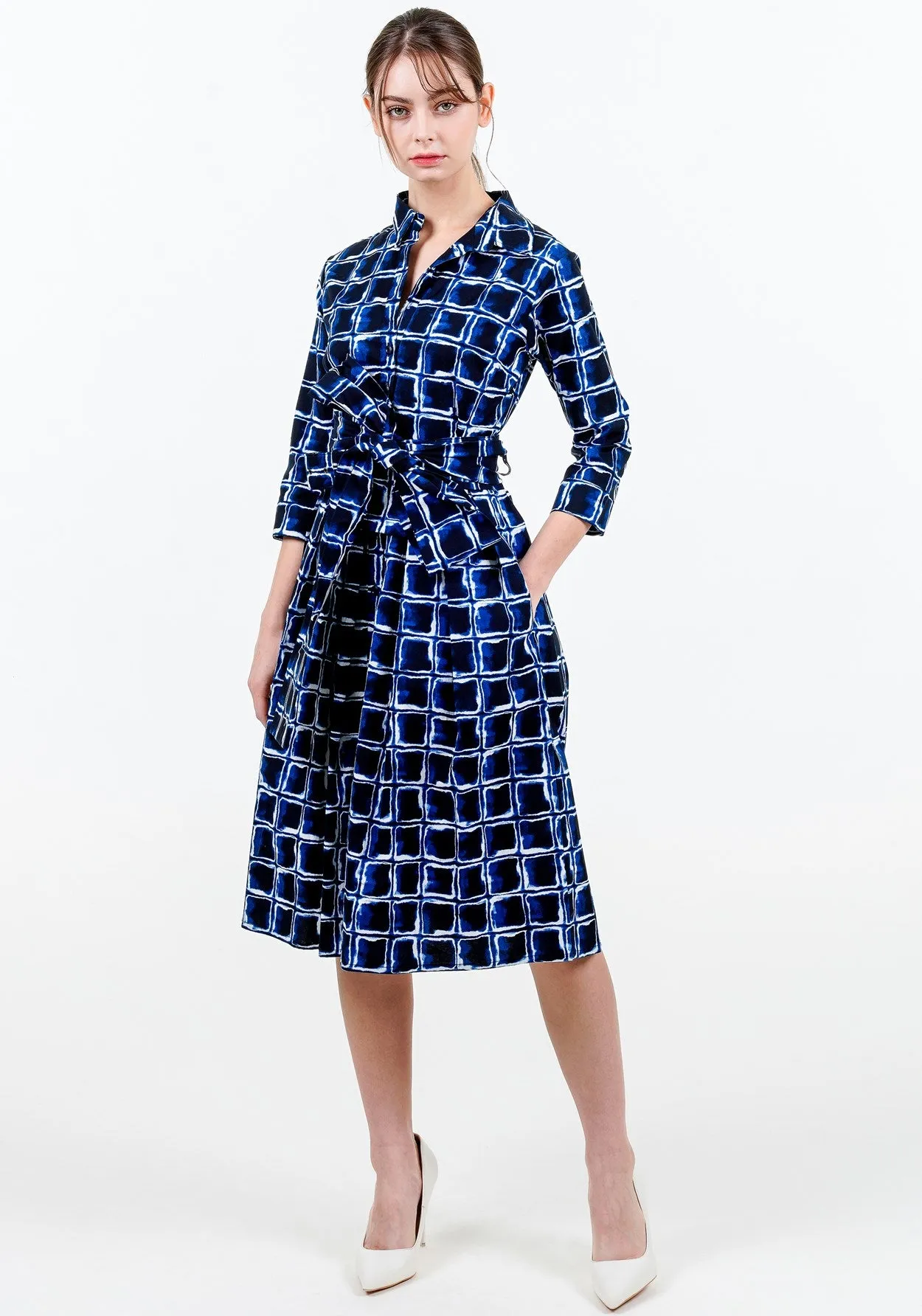 Audrey Dress #1 Shirt Collar 3/4 Sleeve Long Length Cotton Stretch (Shibori Square)