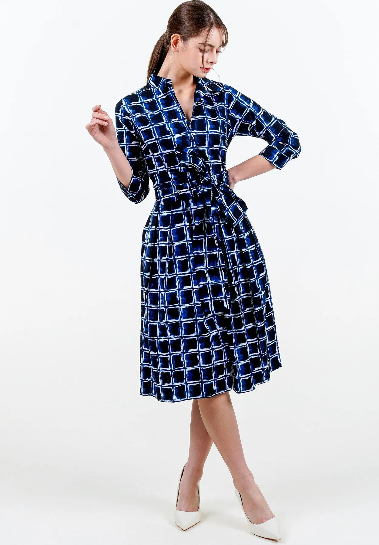 Audrey Dress #1 Shirt Collar 3/4 Sleeve Long Length Cotton Stretch (Shibori Square)