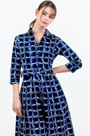 Audrey Dress #1 Shirt Collar 3/4 Sleeve Long Length Cotton Stretch (Shibori Square)