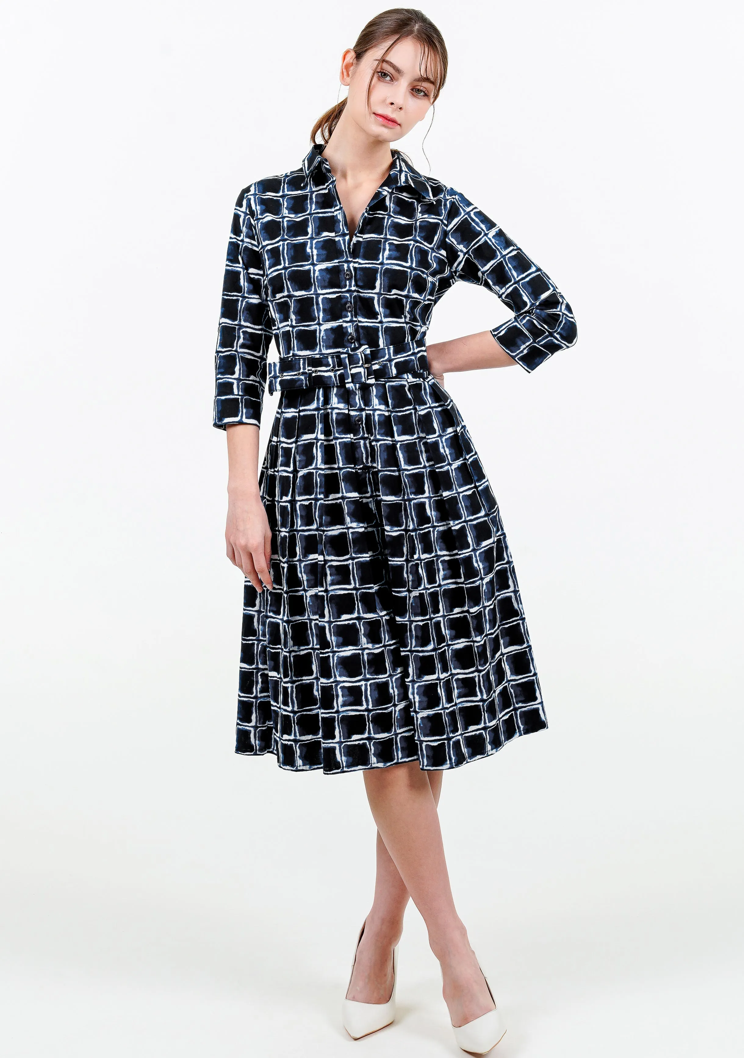 Audrey Dress #1 Shirt Collar 3/4 Sleeve Long Length Cotton Stretch (Shibori Square)