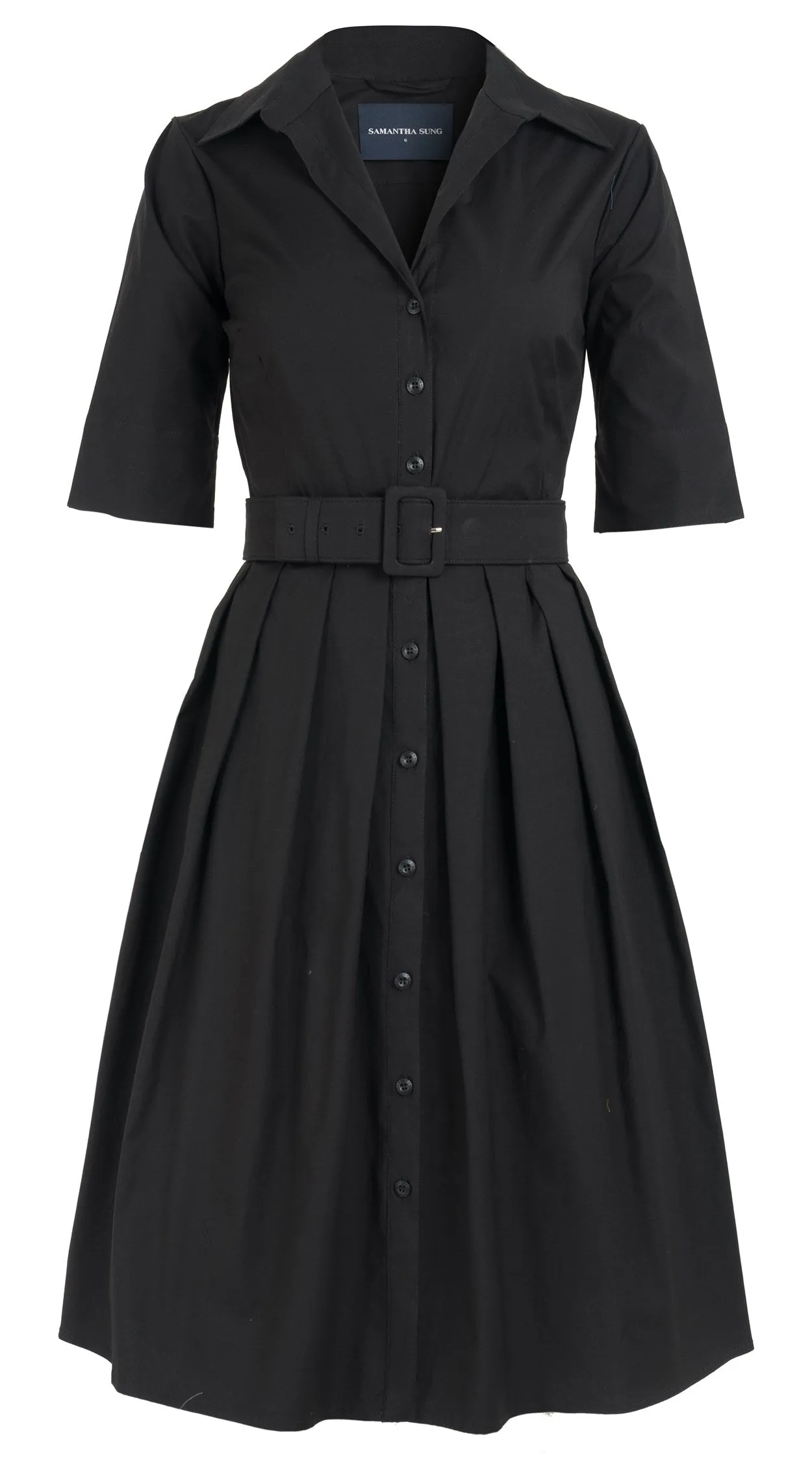 Audrey Dress #1 Shirt Collar Elbow Sleeve Regular  3 Length Cotton Stretch_Solid_Black