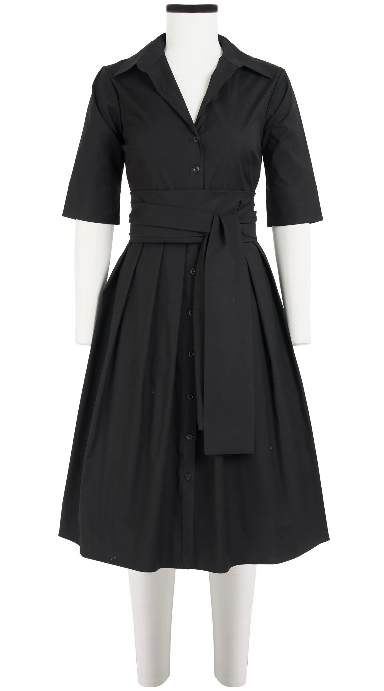 Audrey Dress #1 Shirt Collar Elbow Sleeve Regular  3 Length Cotton Stretch_Solid_Black