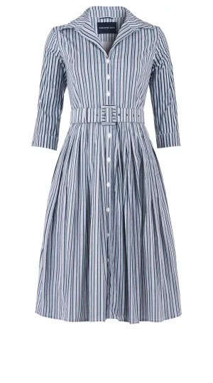 Audrey Dress #2 Shirt Collar 3/4 Sleeve Long Length Cotton Stretch (Napoli Stripe Bright)