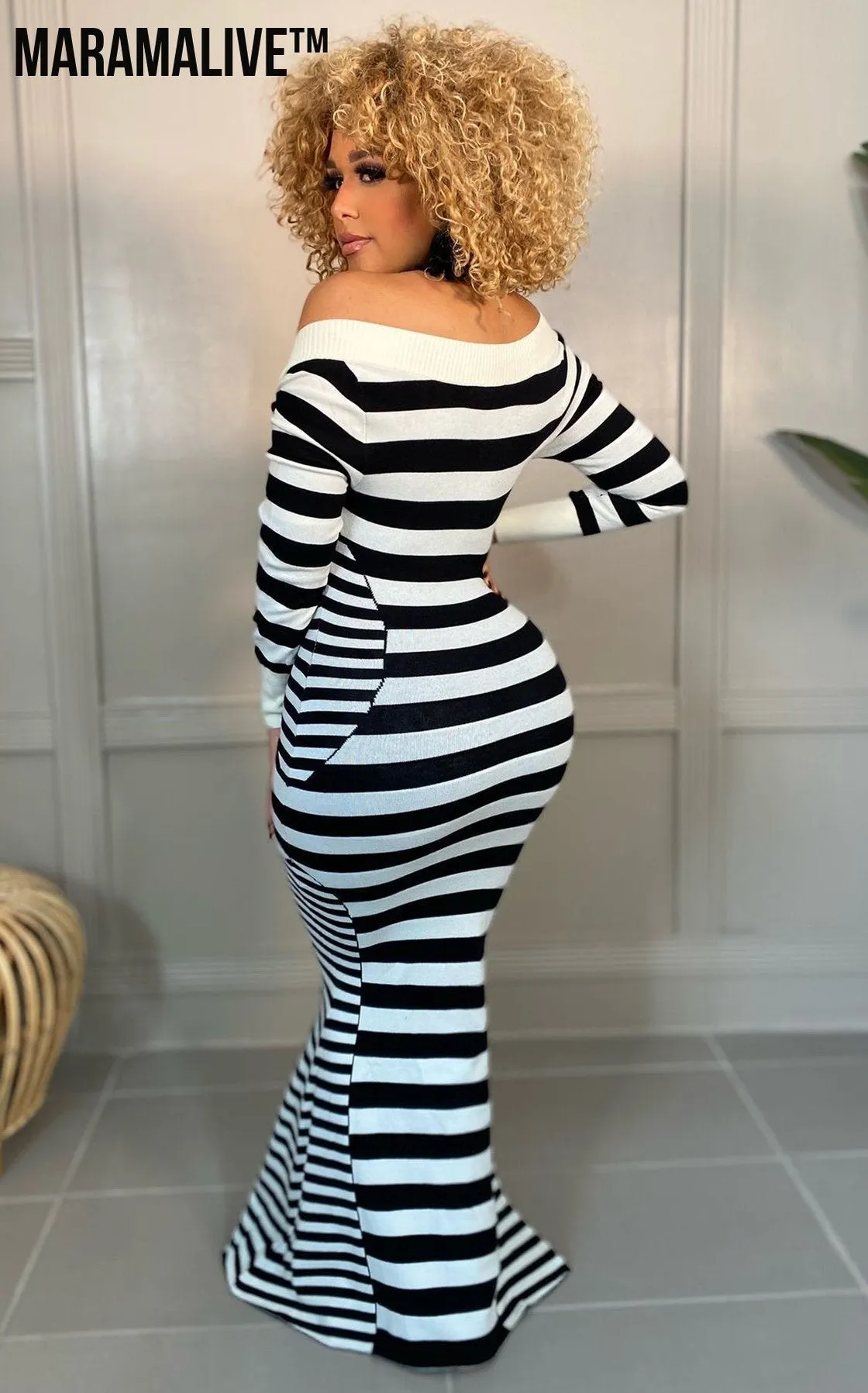 Autumn And Winter New Striped Sheath Long Dress