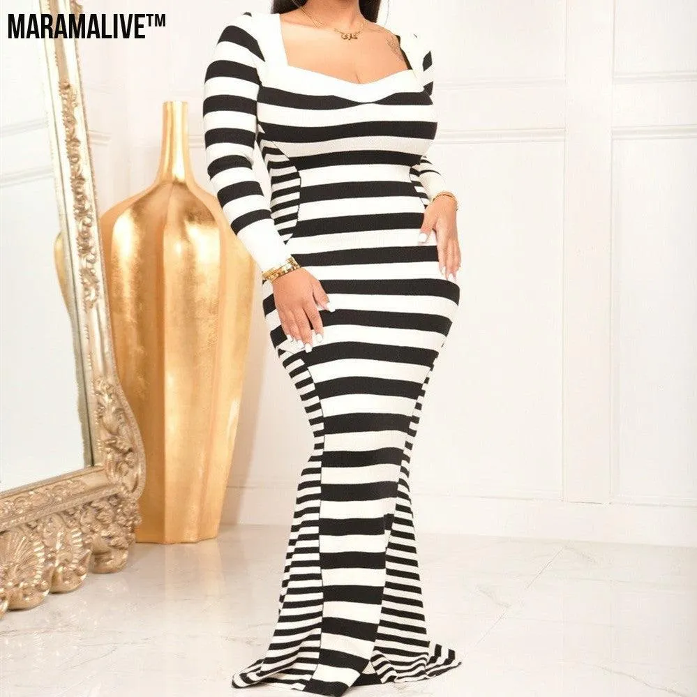 Autumn And Winter New Striped Sheath Long Dress