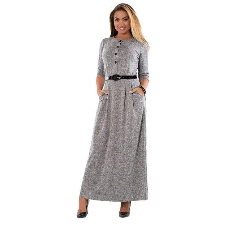 Autumn Clothes Plus Size Women's Clothes Dress Solid Color Long Sleeve High Waist Belt