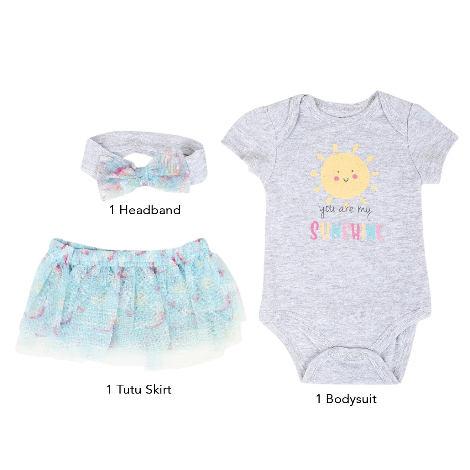 Baby Moo You Are My Sunshine Gift Set 3 Piece With Bodysuit, Tutu Skirt And Headband - Grey, Blue