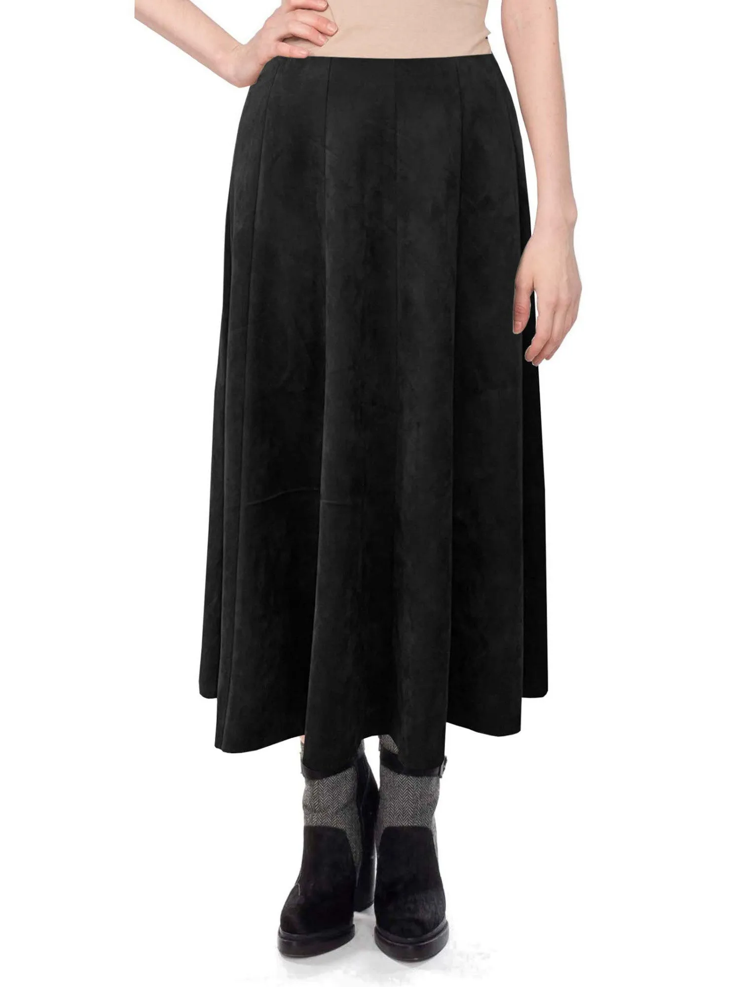 Baby'O Womens Midi Length Faux Suede Western Style Stretch Panel Flare Skirt