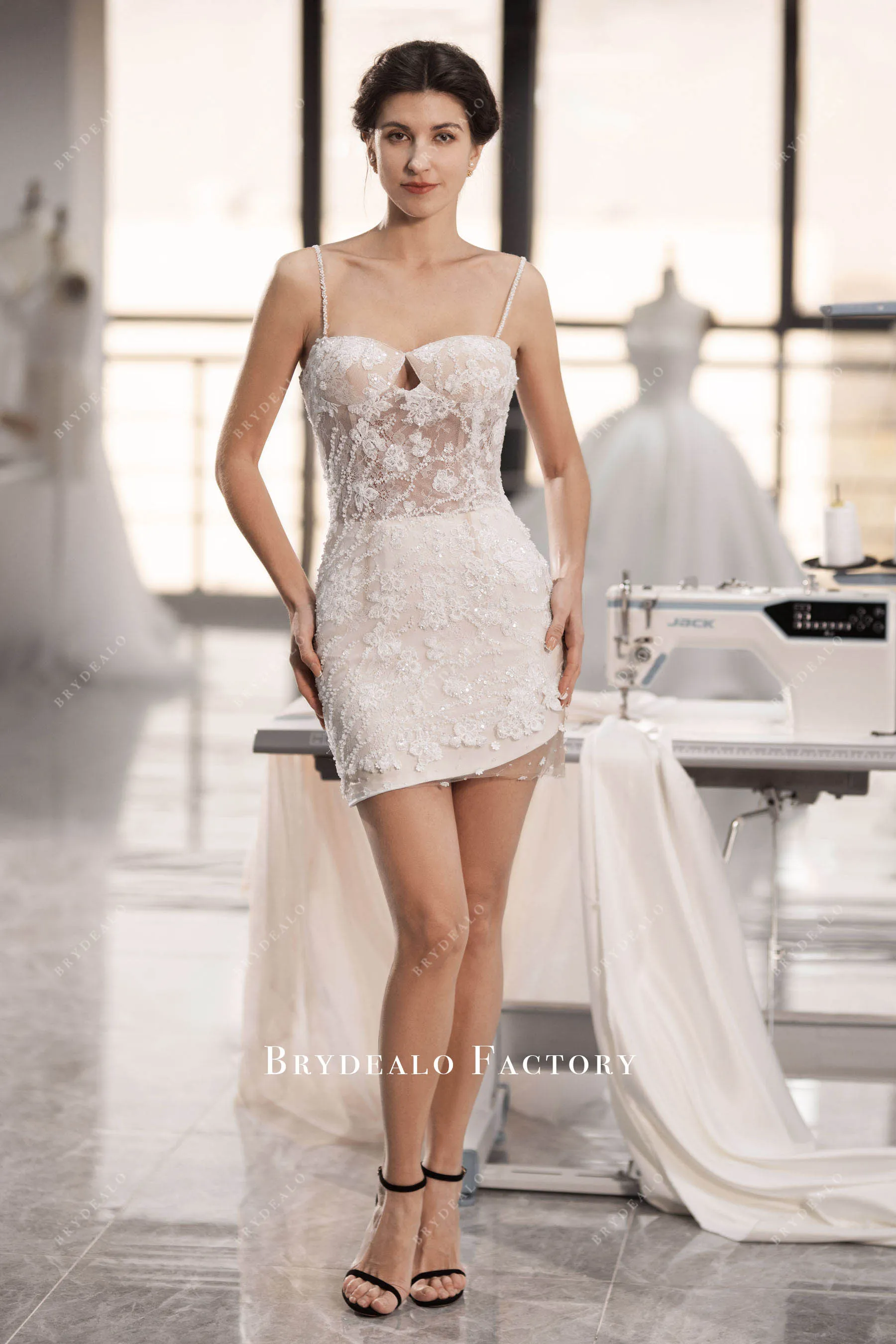 Beaded Lace Bridal Bodycon With Detachable Puffy Flower Overskirt