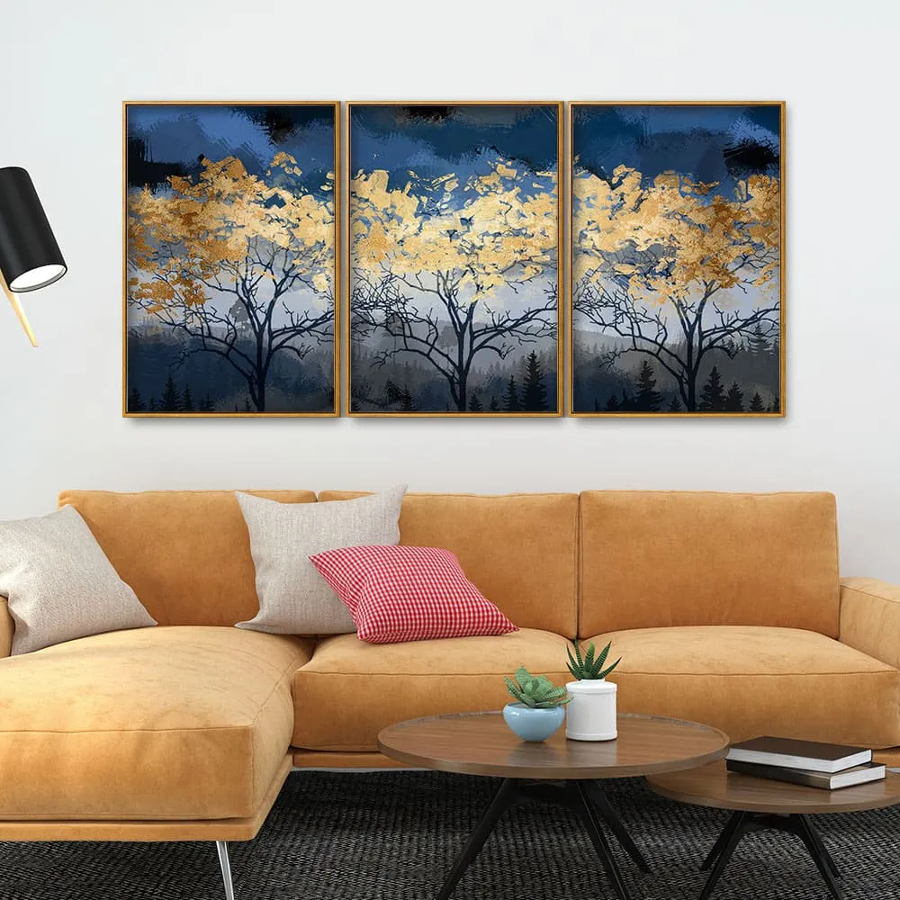 Beautiful Golden Tree Abstract Design Premium Floating Canvas Wall Painting Set of Three