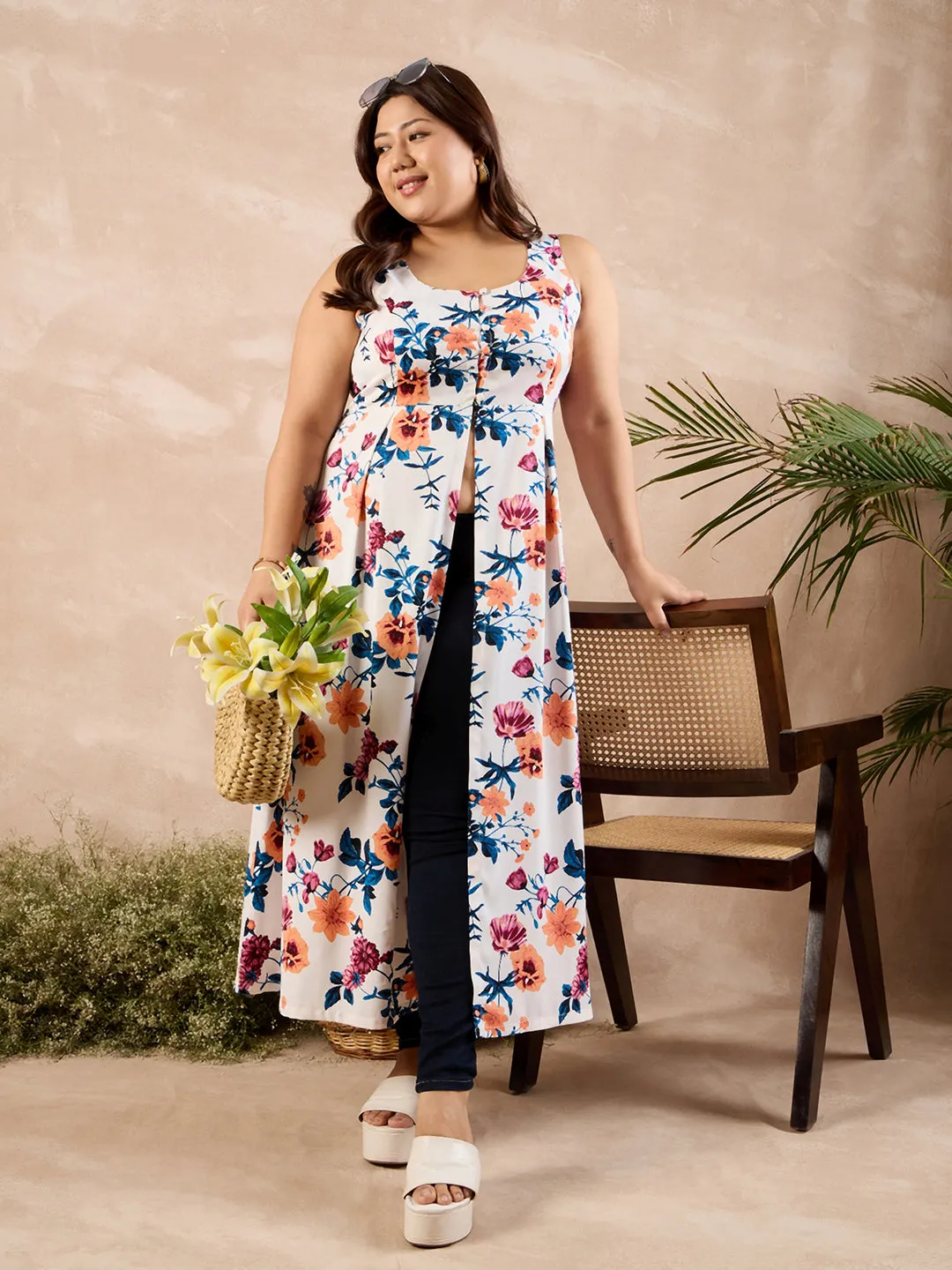 Berrylush Curve Women White, Blue, & Orange Floral Printed Round Neck Sleeveless Front-Slit Flared A-Line Calf-Length Kurta