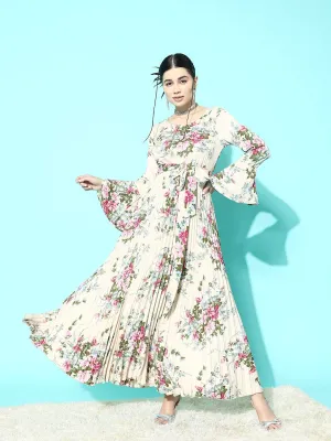 Berrylush Women Beige & Green Floral Printed Round Neck Bell Sleeves Waist Tie-Up Crepe Pleated A-Line Maxi Dress