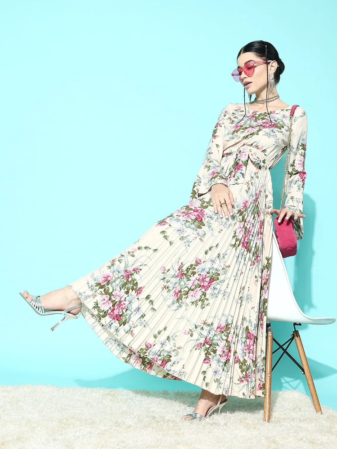 Berrylush Women Beige & Green Floral Printed Round Neck Bell Sleeves Waist Tie-Up Crepe Pleated A-Line Maxi Dress