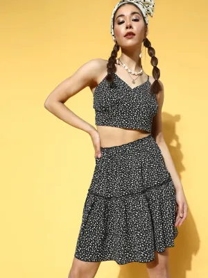 Berrylush Women Black & White Ditsy Floral Printed V-Neck Sleeveless Flared Crop Top & Mini Skirt Co-Ordinate Set