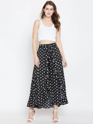 Berrylush Women Black & White Polka Dot Printed Drawstring Thigh-High Slit Ruffled Maxi Skirt with Attached Palazzo