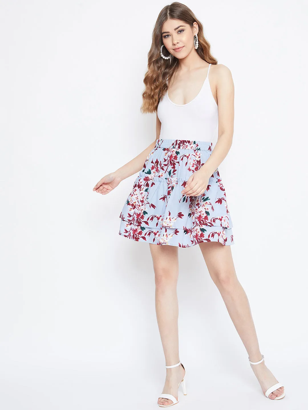 Berrylush Women Blue & Red Floral Print Layered Slip-On Mini Skirt