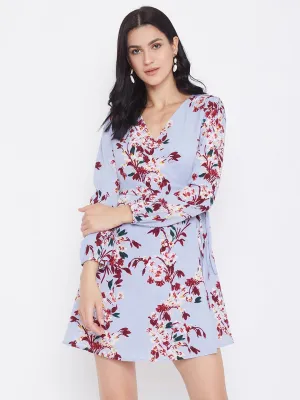 Berrylush Women Blue Floral Printed A-Line Wrap Mini Dress