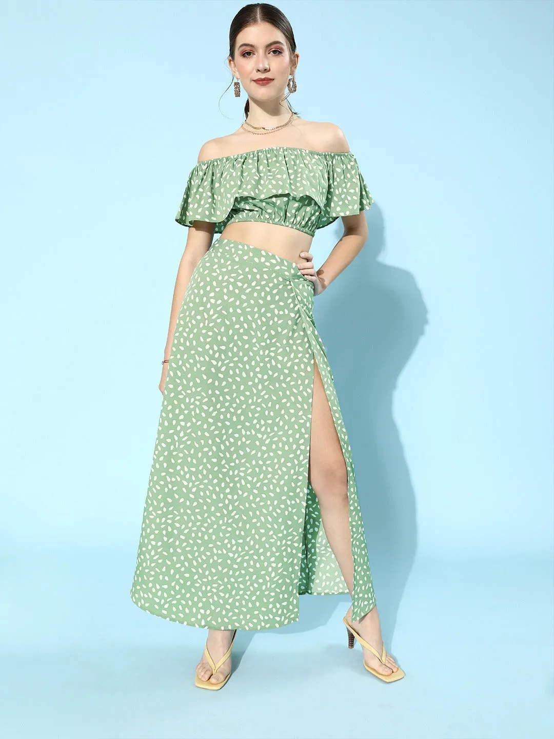 Berrylush Women Green & White Abstract Printed Off-Shoulder Two-Piece Maxi Dress