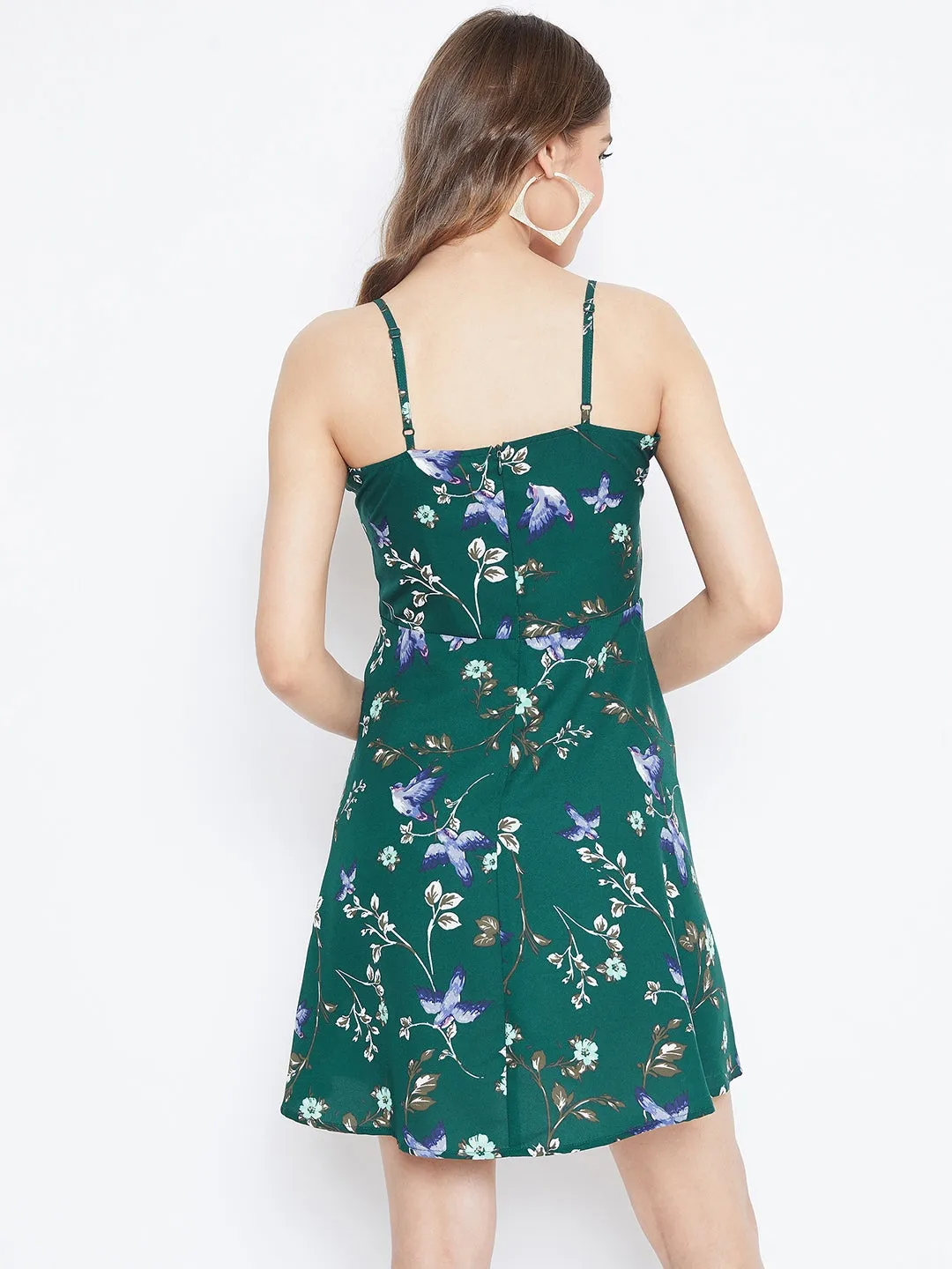 Berrylush Women Green Floral Shoulder-Strap Fit & Flare Mini Dress