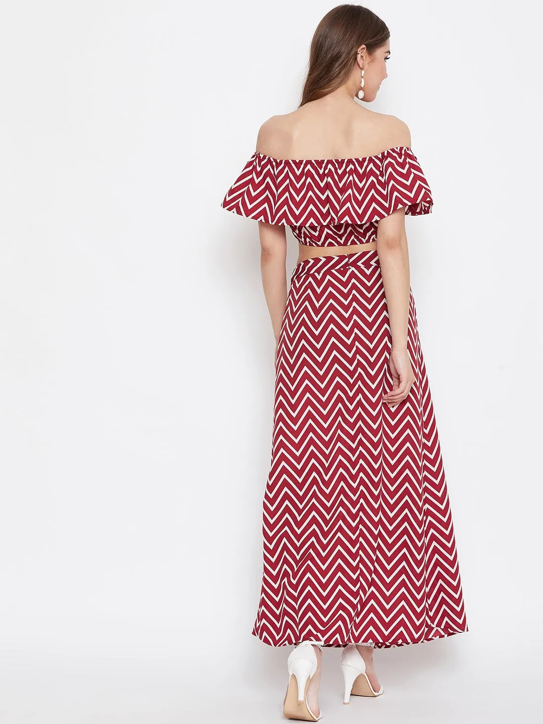 Berrylush Women Maroon and White Chevron Printed Off-Shoulder Flared Co-Ordinate Maxi Dress