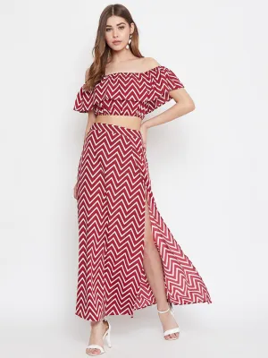 Berrylush Women Maroon and White Chevron Printed Off-Shoulder Flared Co-Ordinate Maxi Dress